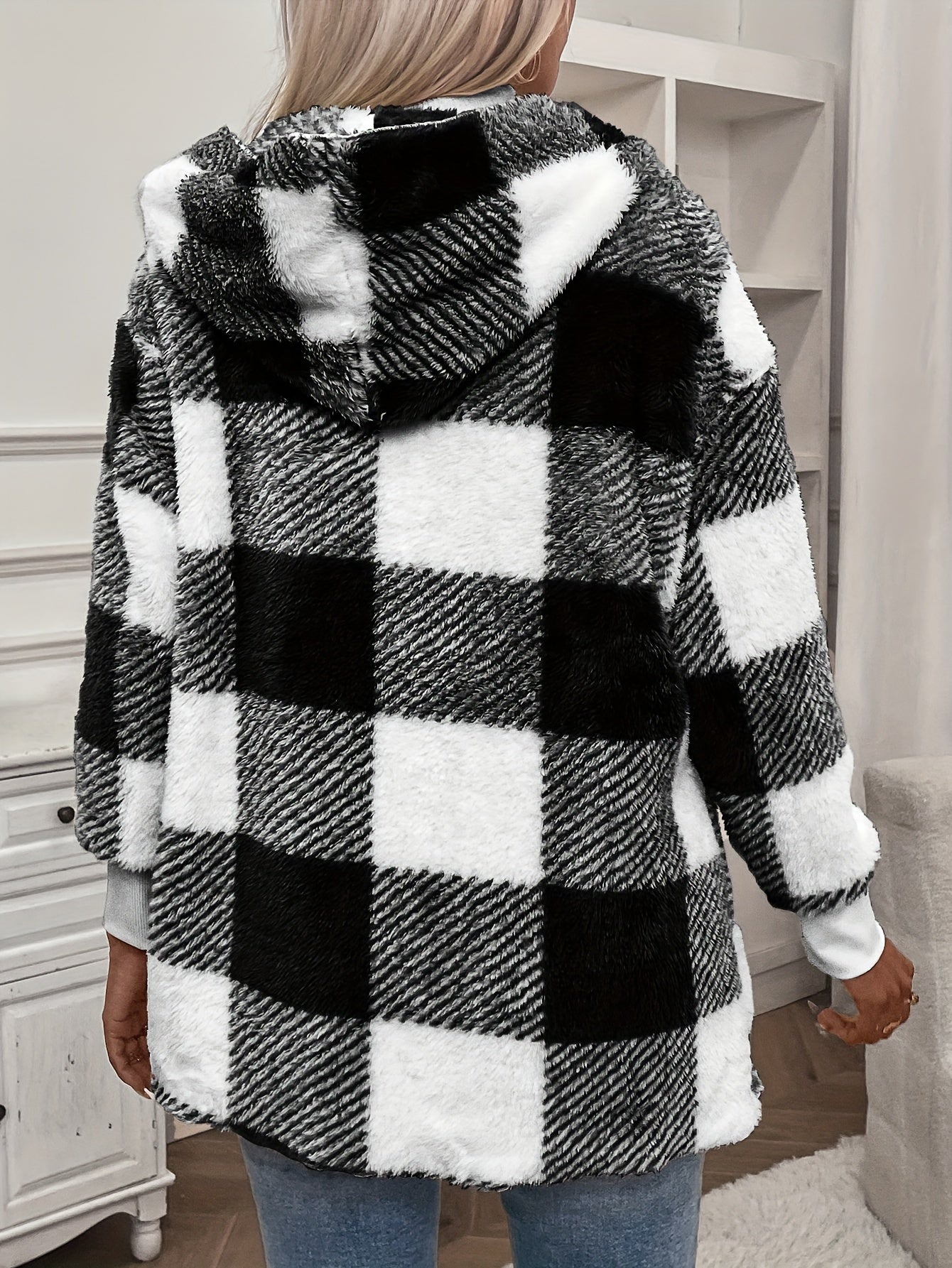Plaid Hooded Teddy Coat, Casual Open Front Warm Outerwear, Women's Clothing