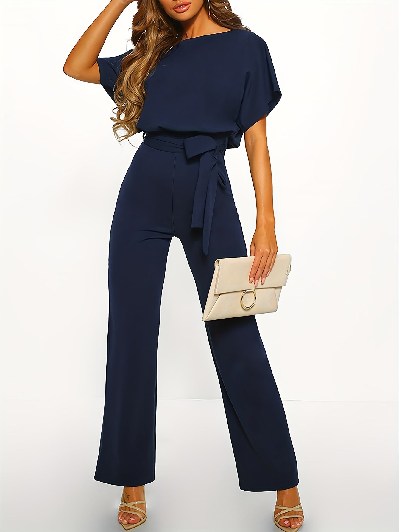 Batwing Sleeve Belted Jumpsuit, Solid Casual Jumpsuit, Women's Clothing