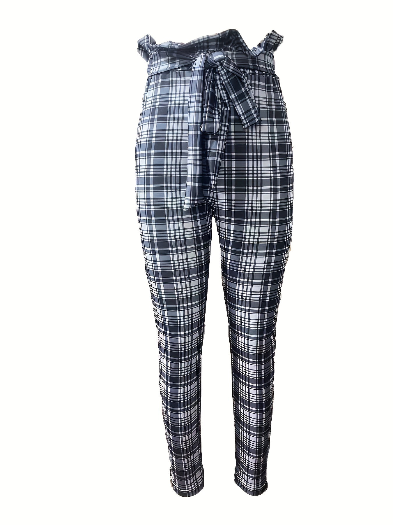 Plaid Print Paper Bag Waist Pants, Casual Slim Tied Pants For All Seasons, Women's Clothing