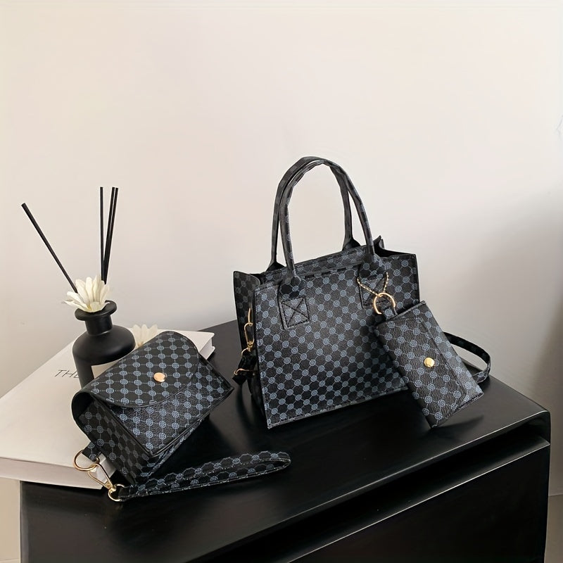 3 Pcs Vintage Geometric Pattern Bag Set, Classic Geometric Pattern Top Handle Bag, Mini Square Wristlet Purse & Hanging Purse