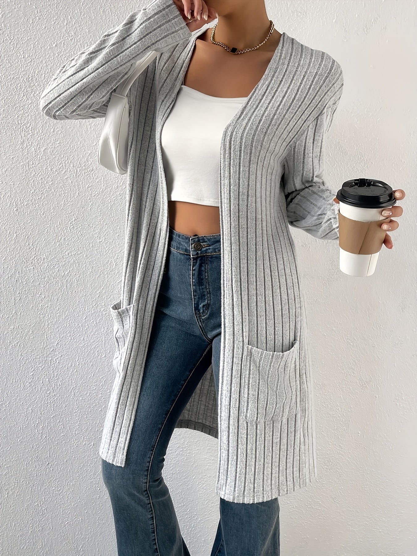 Solid Open Front Rib Knit Cardigan, Casual Long Sleeve Mid Length Sweater With Pocket, Women's Clothing