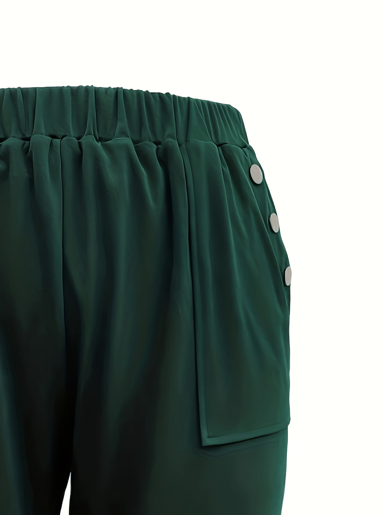 Plus Size Casual Pants, Plus Women's Plain Button Decor Slash Pocket Elastic Waistband Roll Up Hem Capri Pants