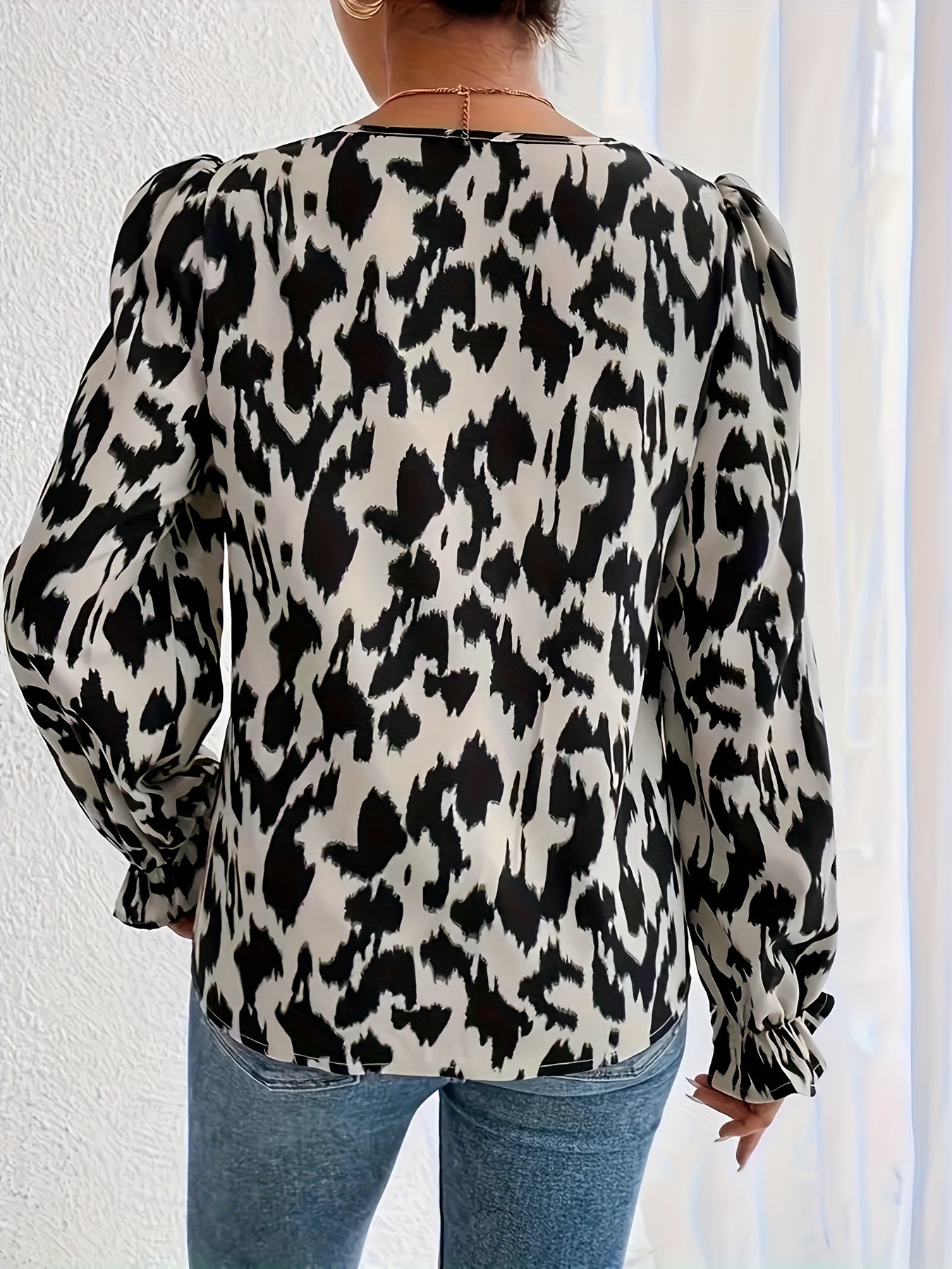 All Over Pint V Neck Blouse, Elegant Long Sleeve Ruffle Trim Blouse, Women's Clothing