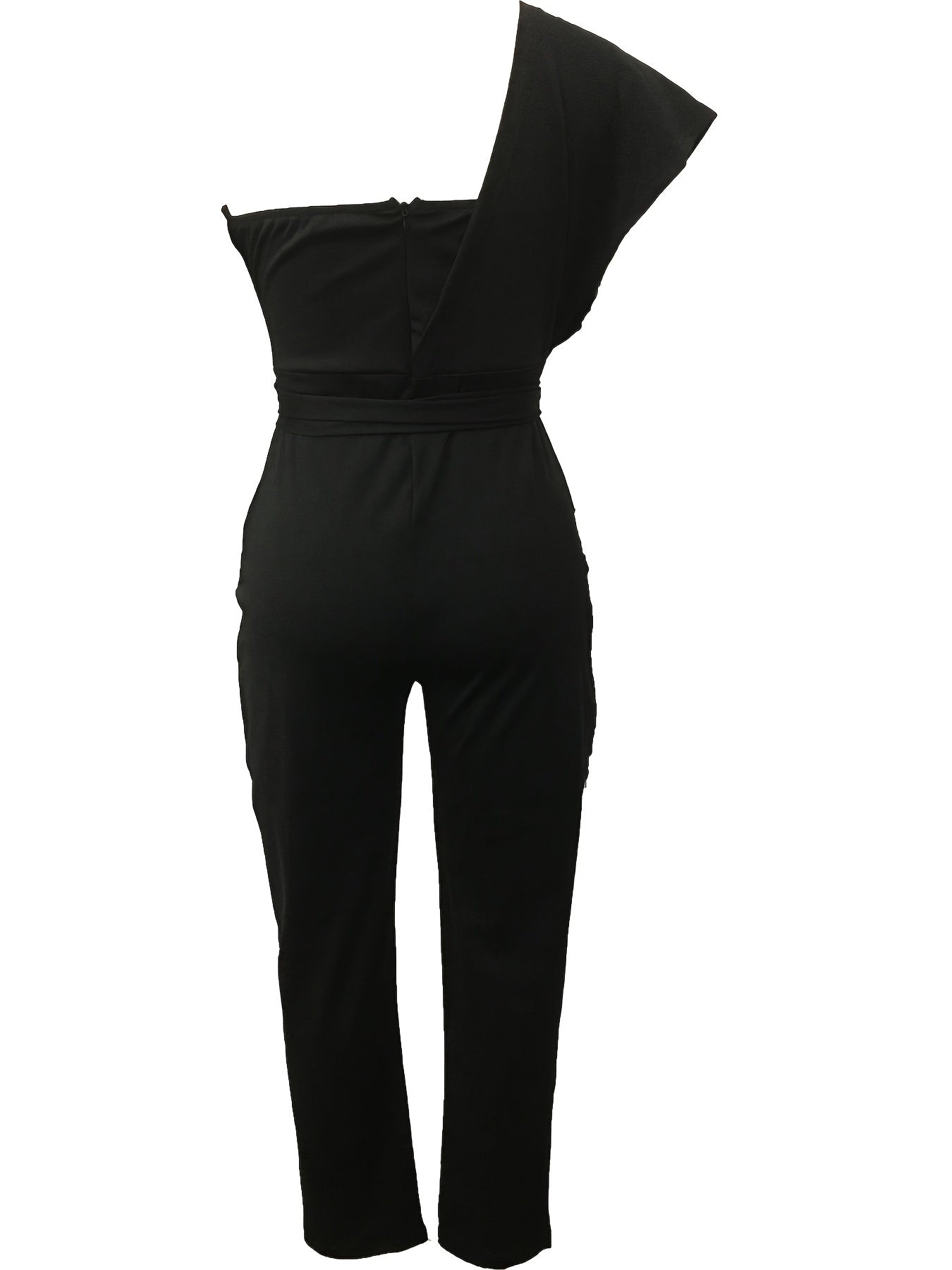 Sequin One Shoulder Jumpsuit, Party Solid Tie Waist Long Length Slim Jumpsuit, Women's Clothing