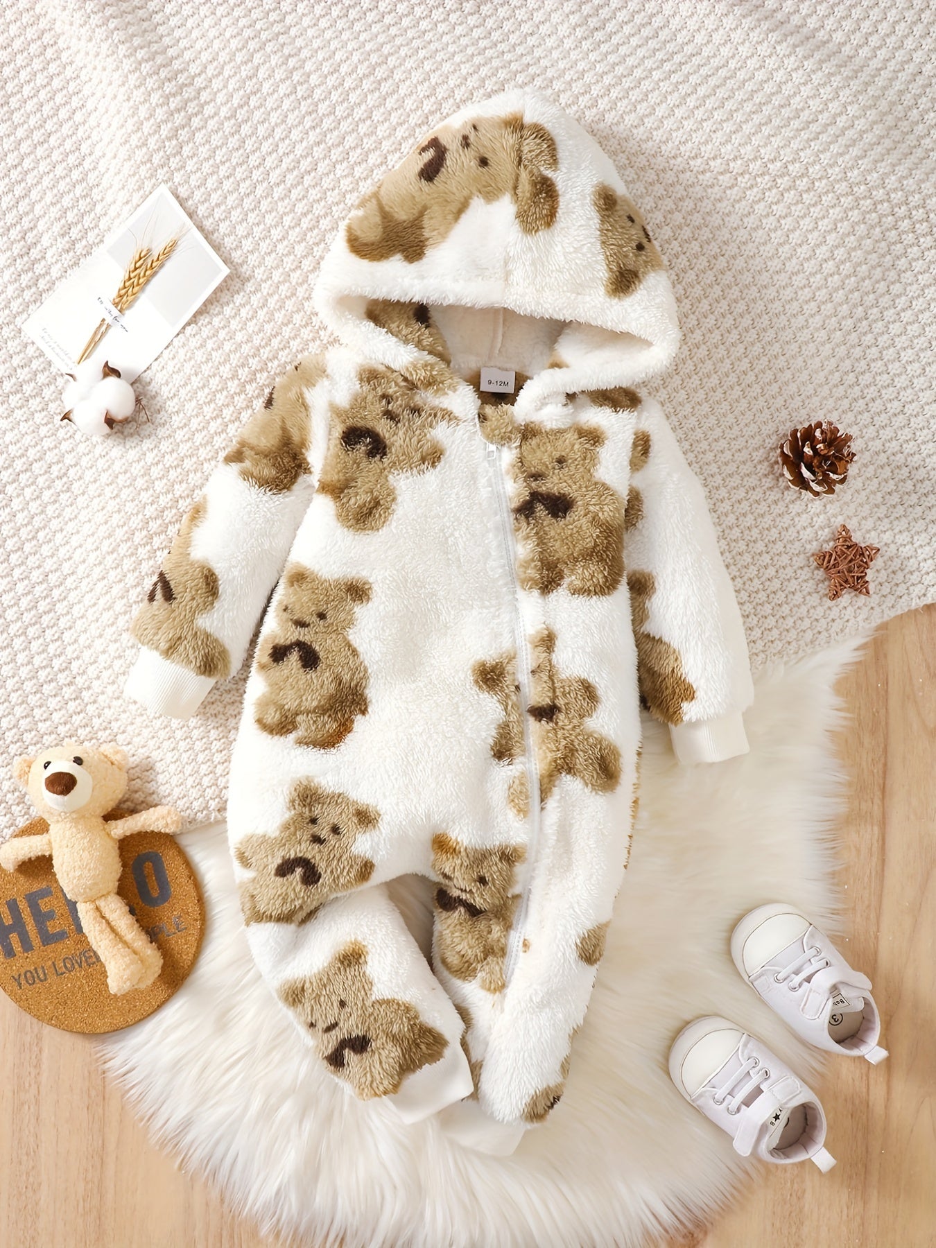 Baby Girls Boys Fashion Casual Onesie, Cute Bear Pattern Slant Zipper Hooded Long Sleeve Furry Double-sided Fleece Jumpsuit Autumn Winter Warm Outwear