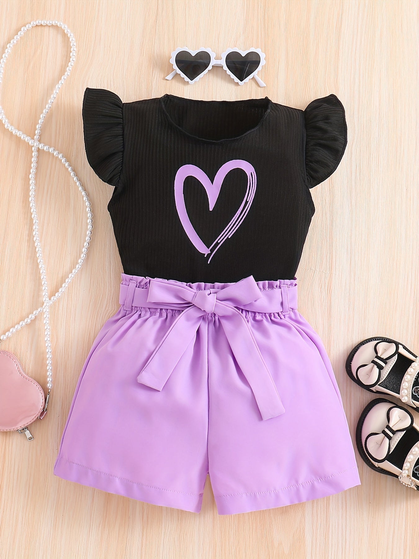 2pcs Girls Going Out Short Suit Heart Graphic Flutter Sleeve Top & Belted Waist Shorts Set Kids Summer Clothes