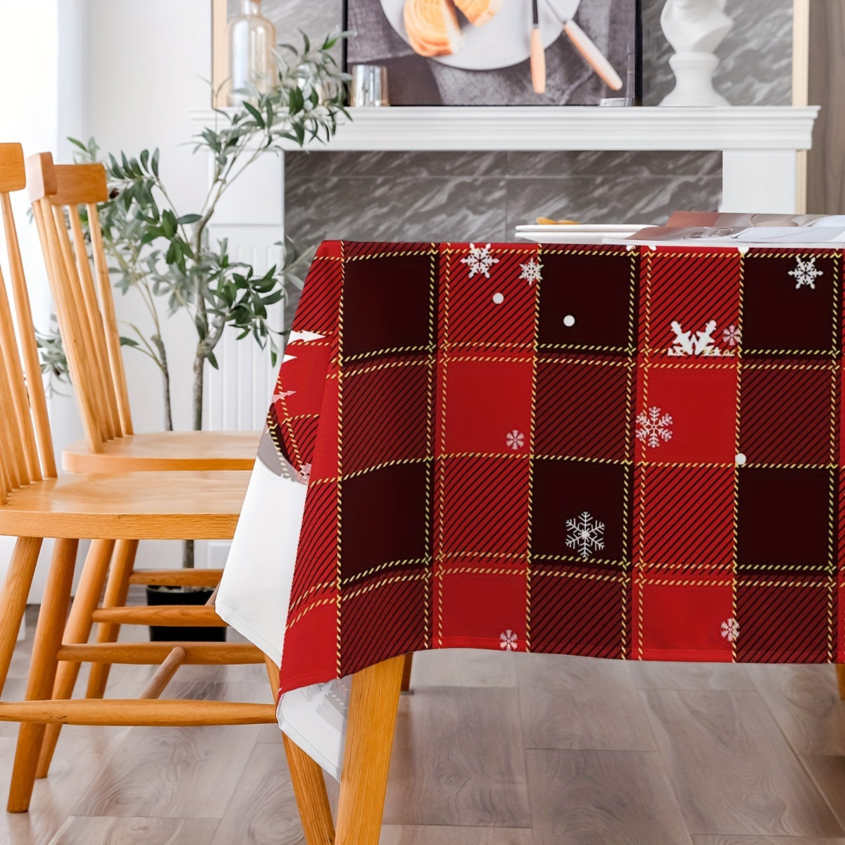 1pc, Polyester Table Cloth, Merry Christmas Table Cover, Red Black Plaid Snowflake Pattern Table Cover, Christmas Atmospheric Tablecloth, Holiday Desktop Decoration Fabric Table Cloth, Home Decoration, Christmas Decor, Gift