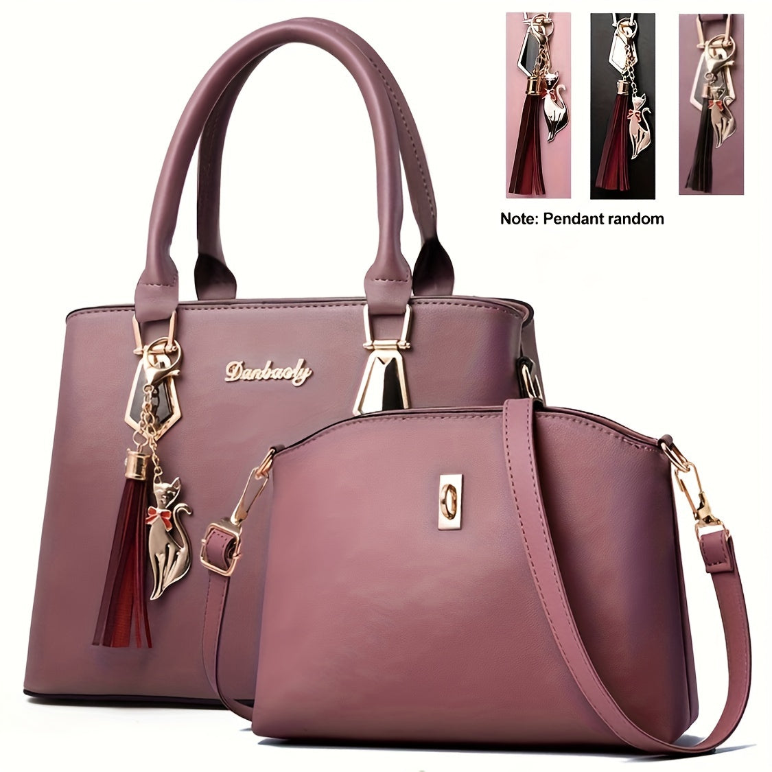 2pcs Tassel Pendant Tote Bag Crossbody Set, PU Leather Large Capacity Shoulder Bag, Casual Versatile Commuter Bag