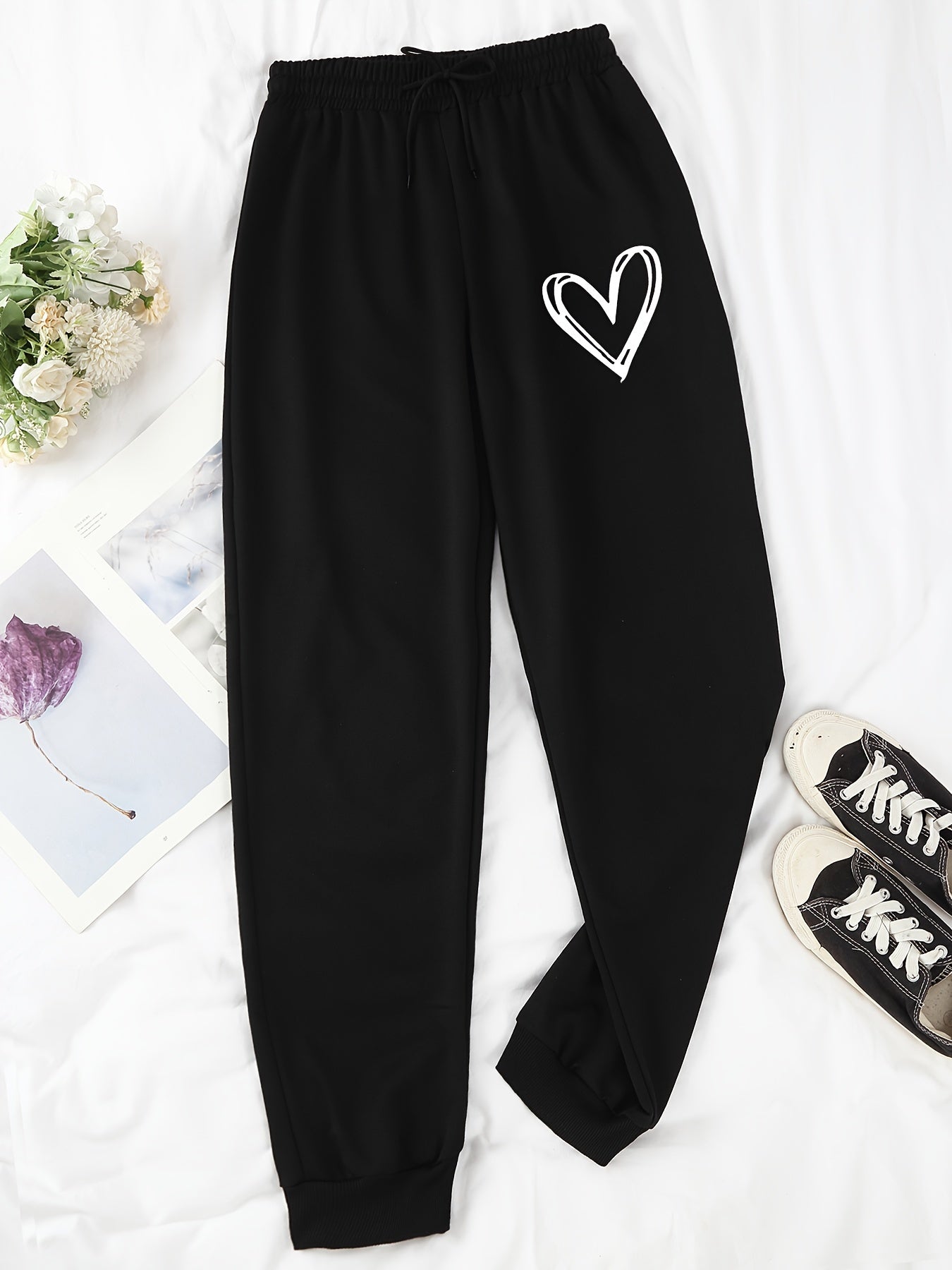 Hearts Print Jogger Pants, Drawstring Waist Casual Sports Sweatpants, Women's Clothing