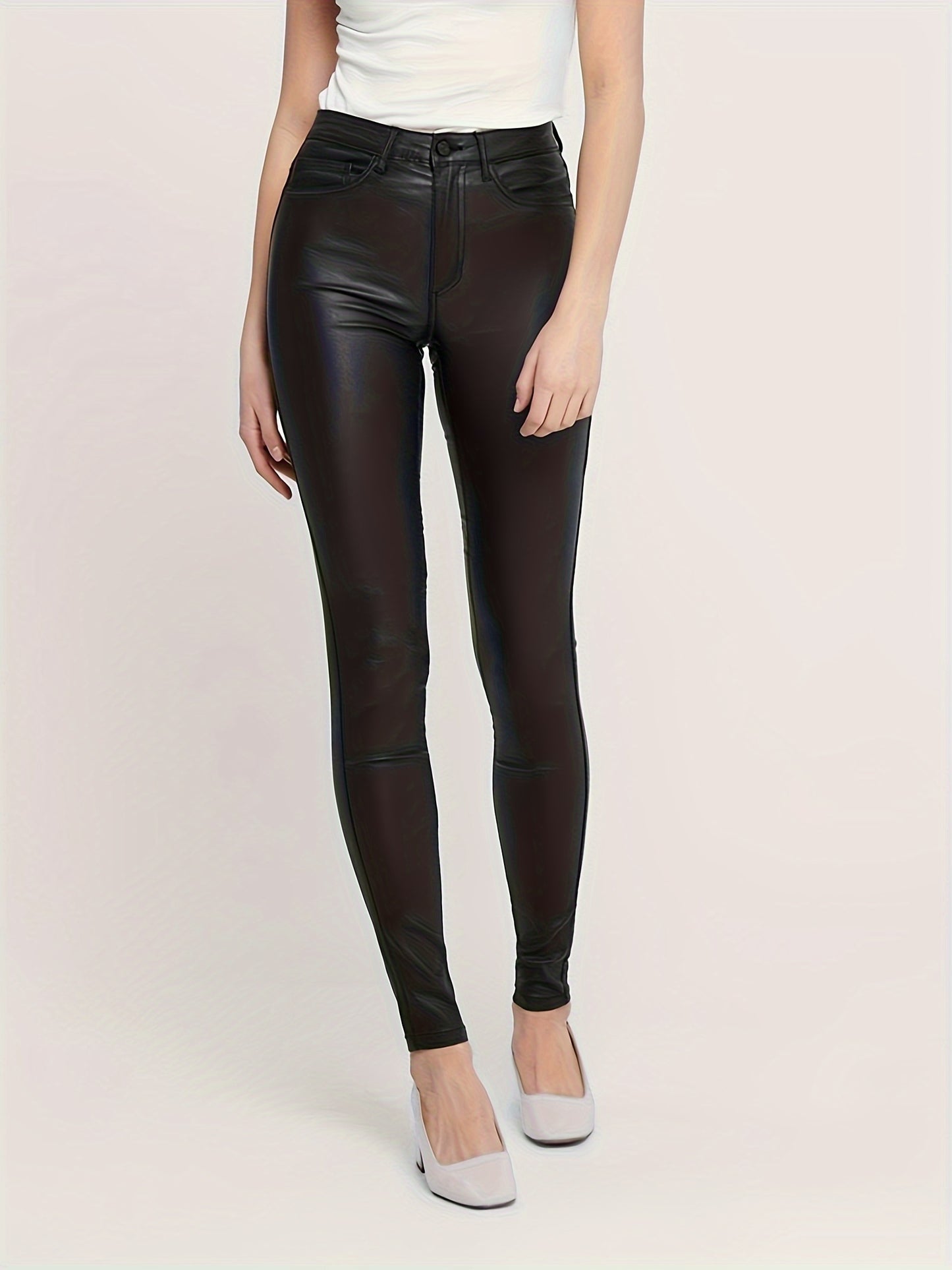 Faux Leather Slim Pants, Casual Skinny Stretchy Pants, Women's Clothing