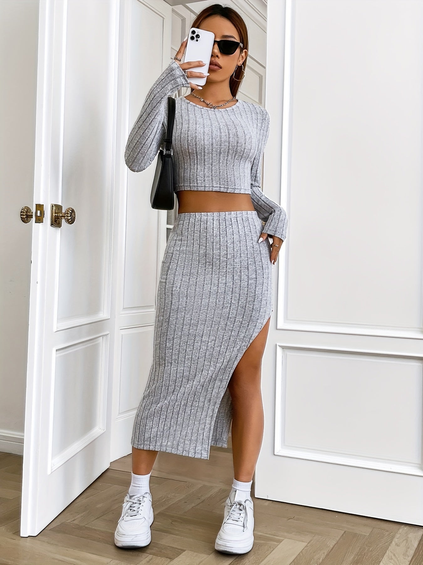 Elegant Ribbed Slim Two-piece Skirt Set, Long Sleeve Crop Top & Slit Mid Calf Skirt Outfits, Women's Clothing