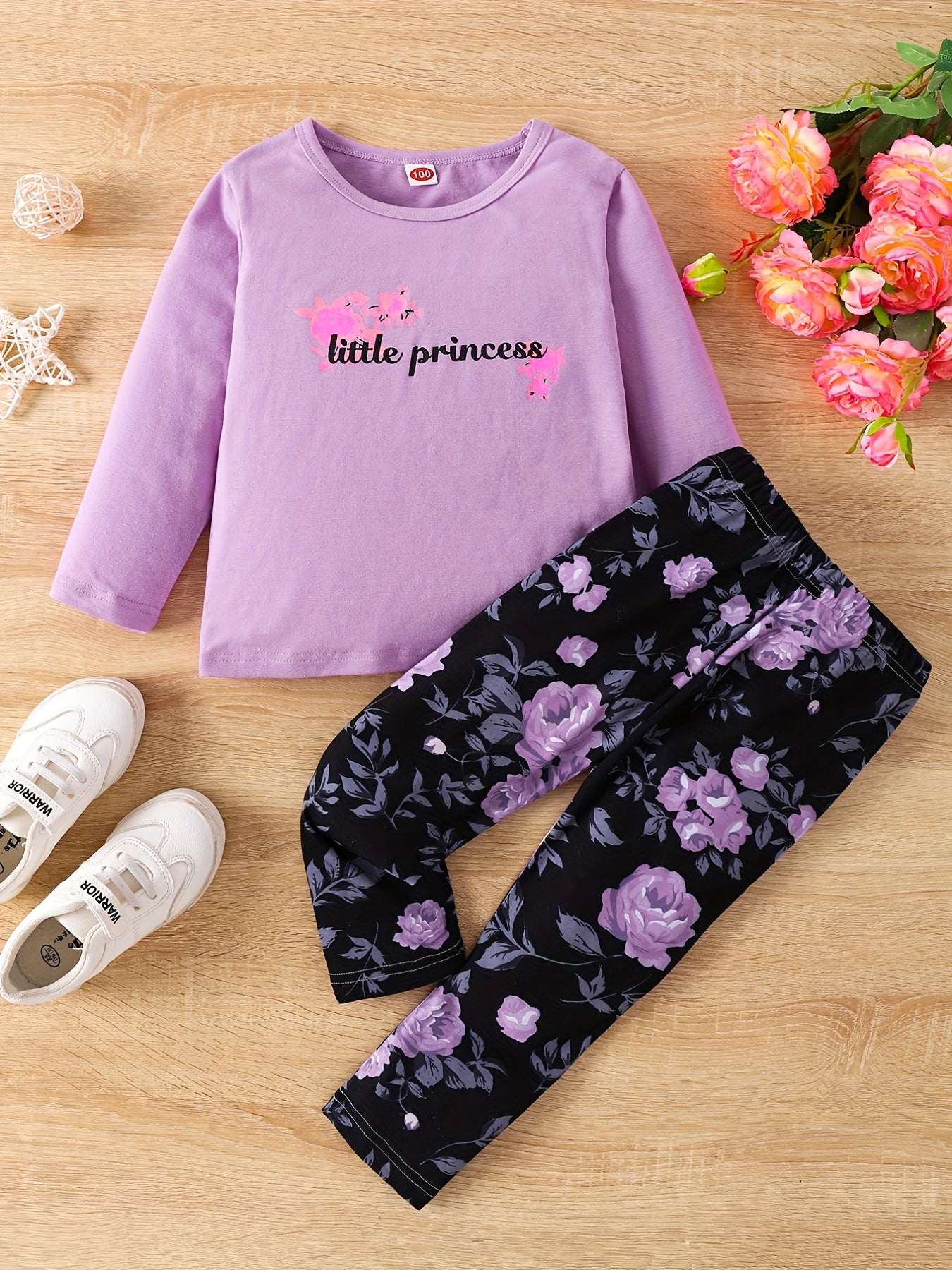 Girl's Floral Pattern Outfit 2pcs, Long Sleeve Top & Leggings Set, LITTLE PRINCESS Print Kid's Clothes For Spring Fall