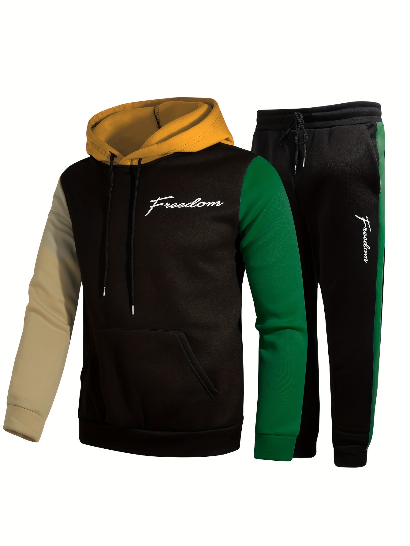 Men's Color Block Suit,  Drawstring And Pocket Hoodie And Sports Trousers