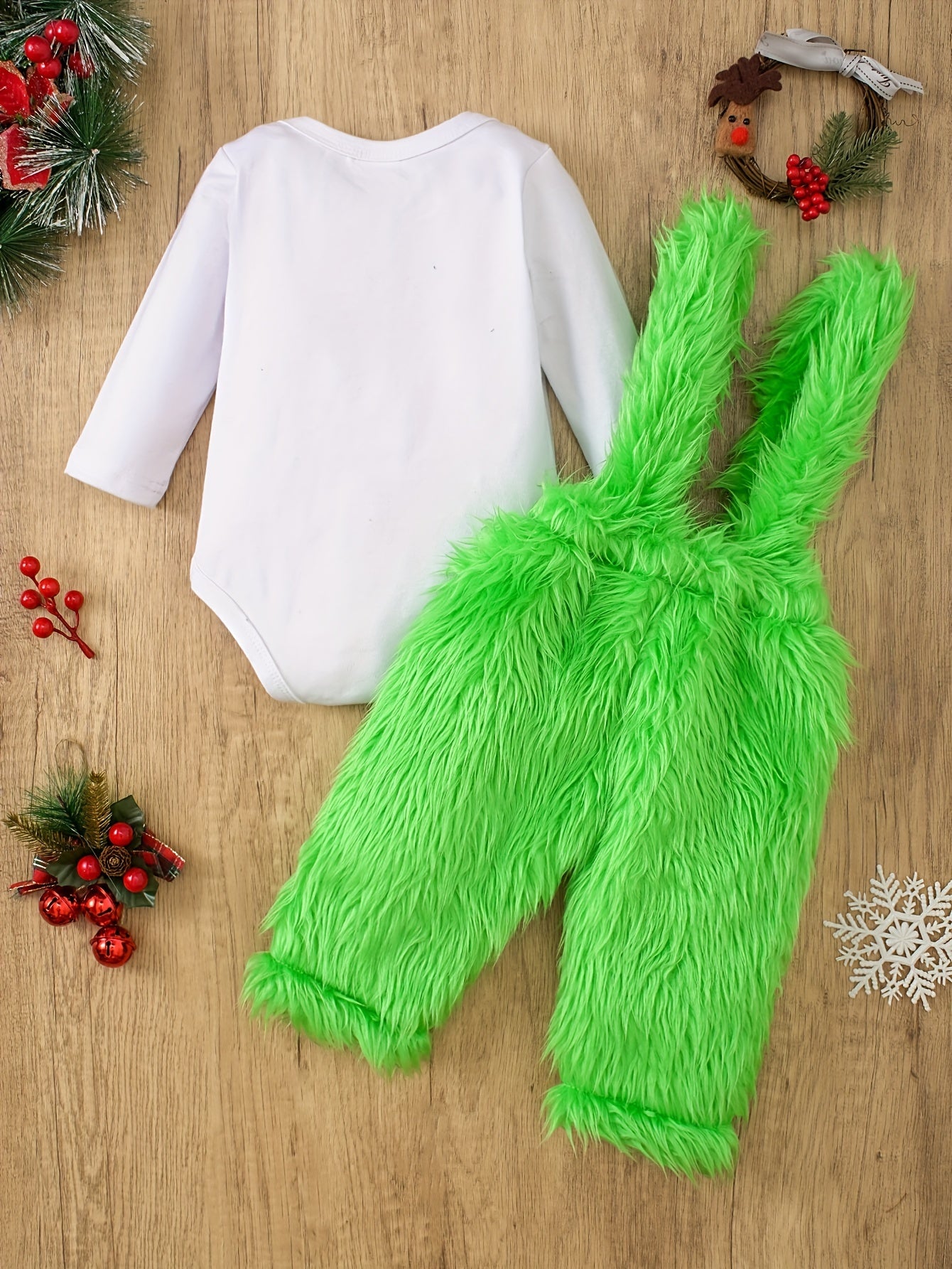 Christmas Baby Adorable Outfits - Letter Print Long Sleeve Round Neck Romper & Furry Green Pants Set, Kid's Party Casual Clothes