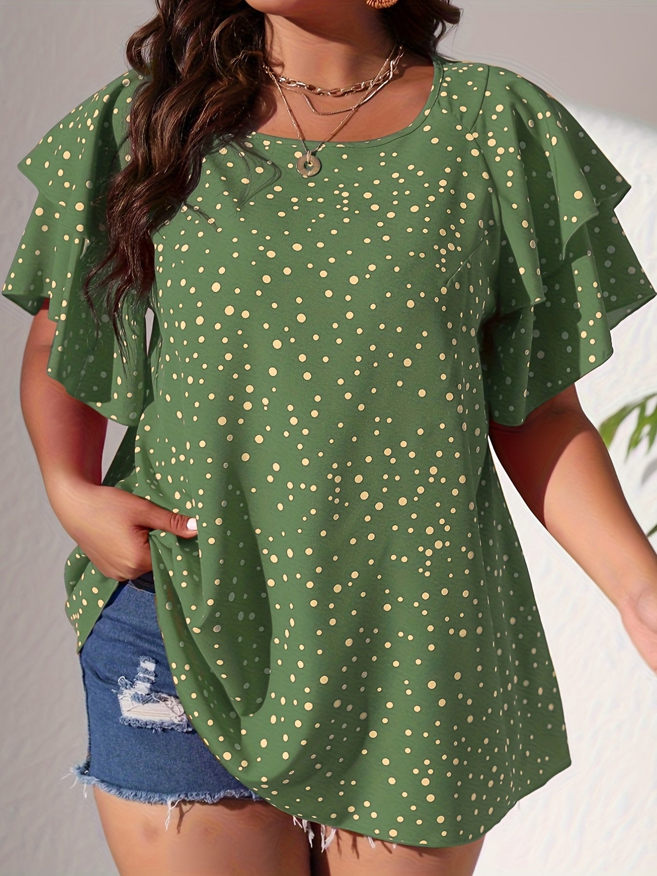 Plus Size Casual Blouse, Women's Plus Polka Dot Print Layered Sleeve Round Neck Oversized Blouse