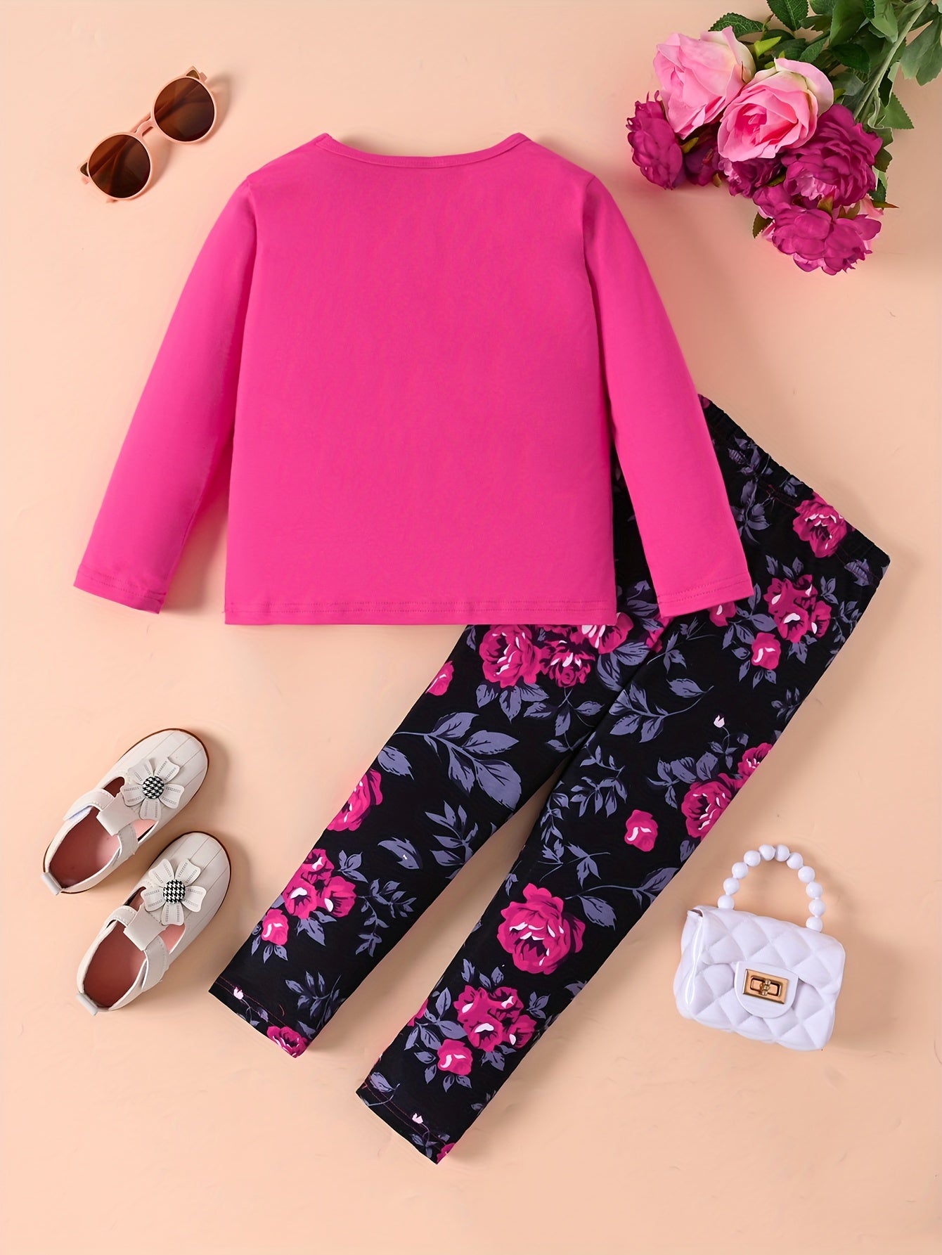 Girl's Floral Pattern Outfit 2pcs, Long Sleeve Top & Leggings Set, LITTLE PRINCESS Print Kid's Clothes For Spring Fall