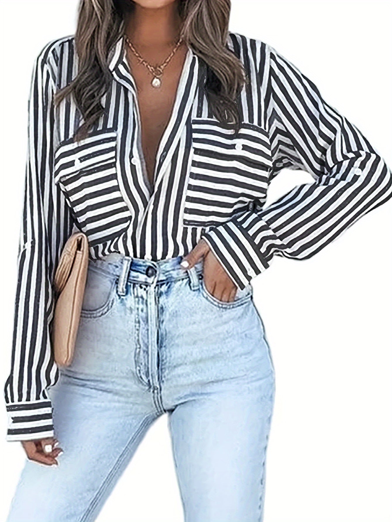 Stripe Print Polo Collar Button Shirt, Casual Pocket Long Sleeve Shirt For Spring & Fall, Women's Clothing