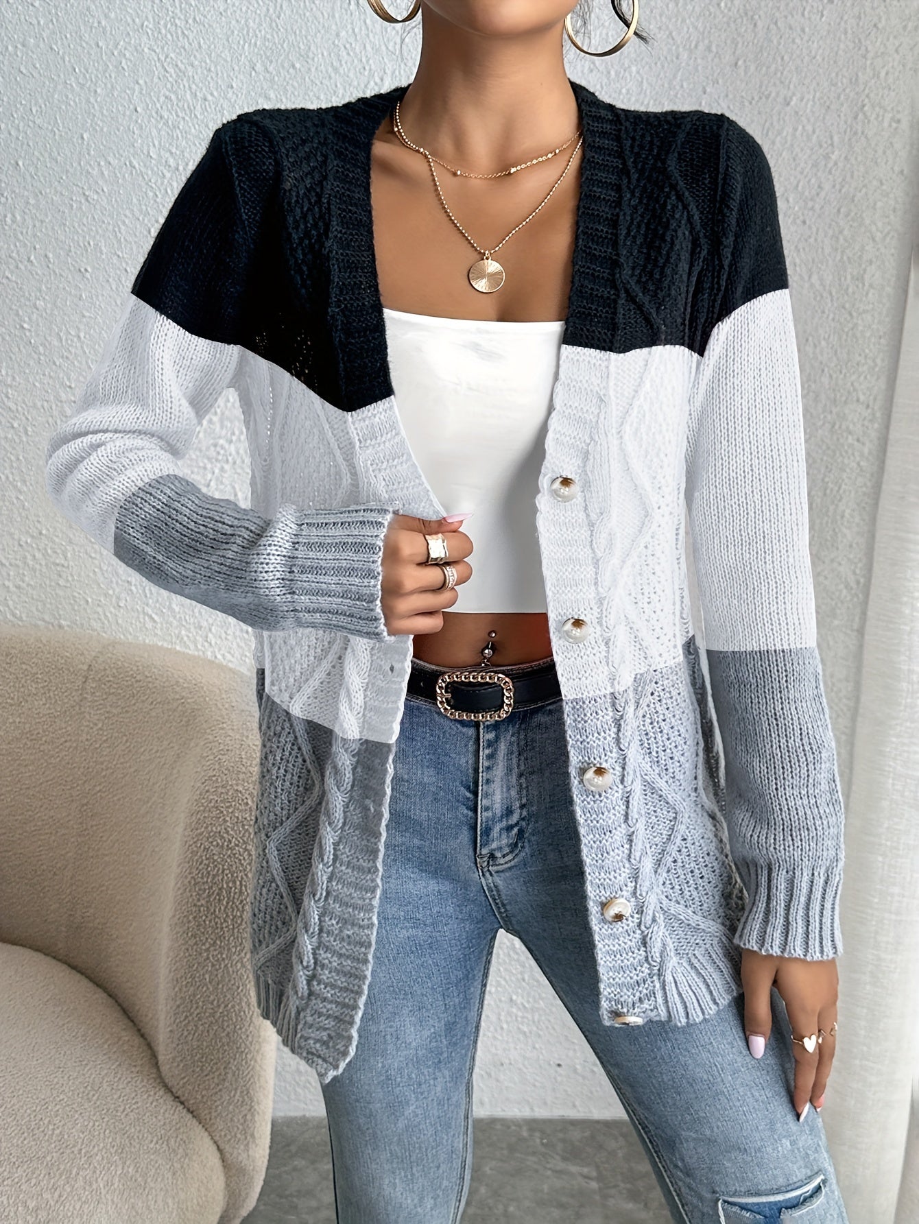 Color Block Button Front Cardigan, Casual Long Sleeve Cardigan For Spring & Fall, Women's Clothing