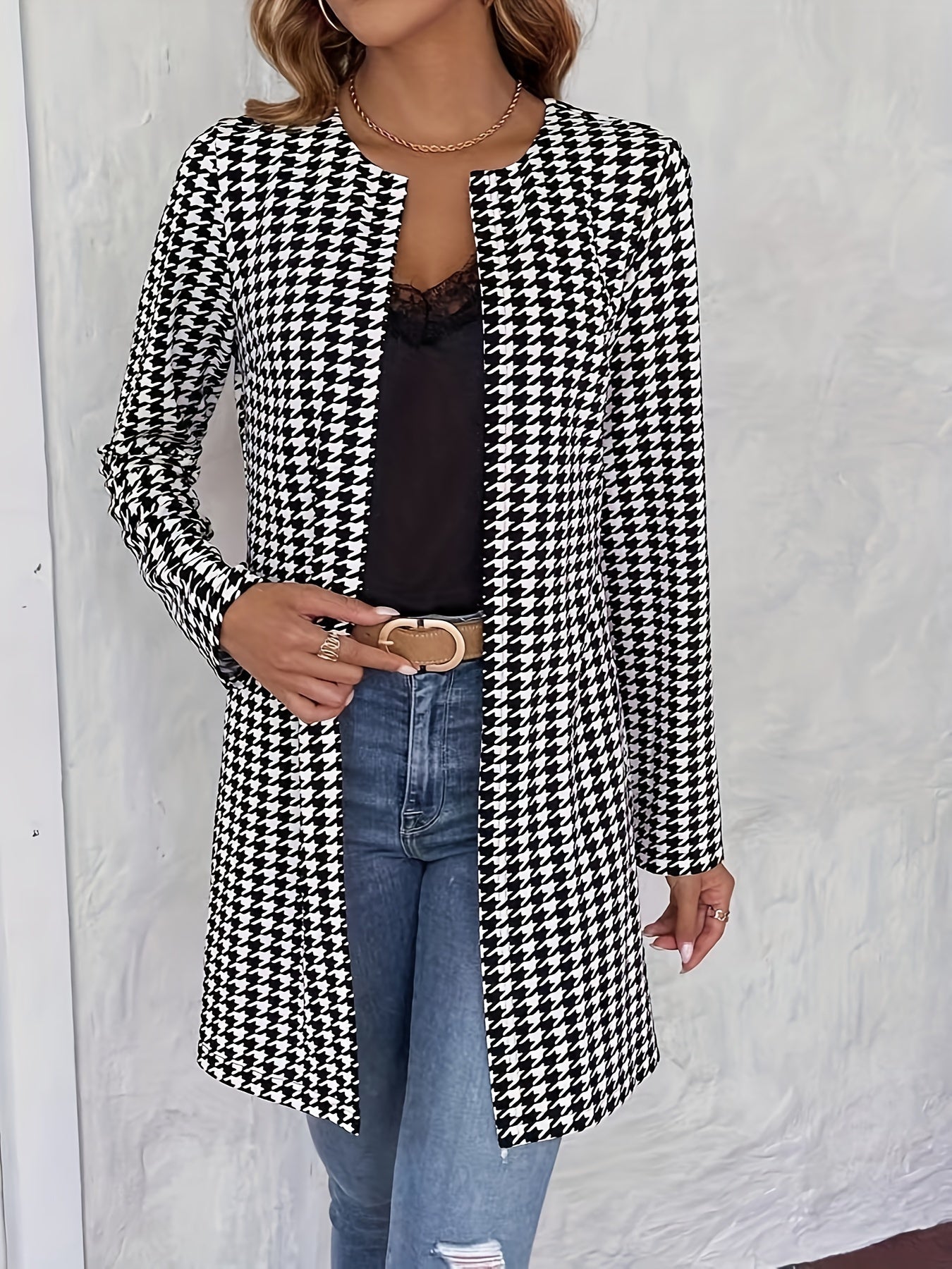 Houndstooth Print Long Sleeve Jacket, Casual Open Front Crew Neck Outerwear, Women's Clothing