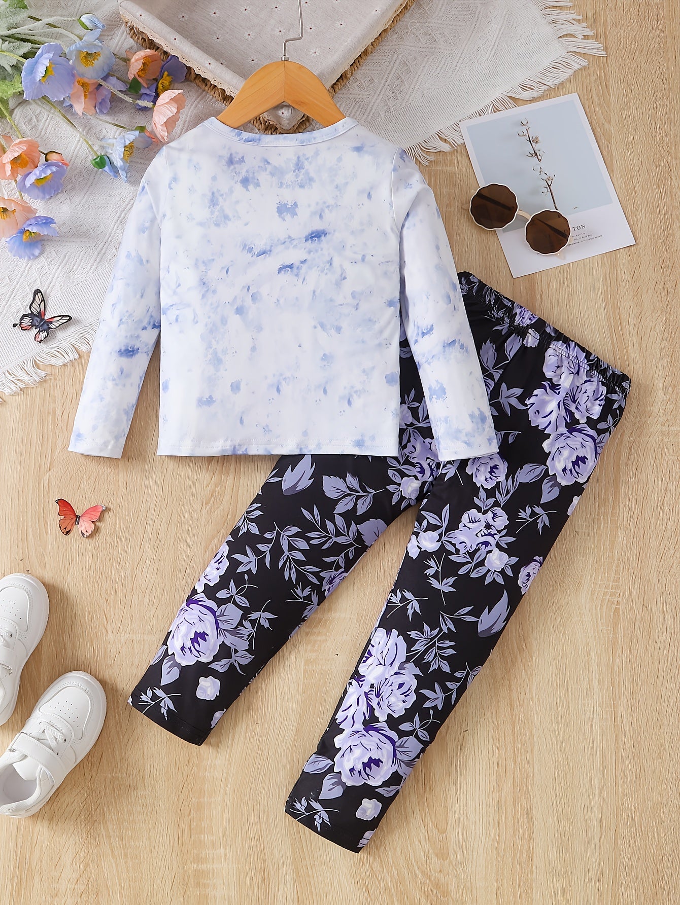Girl's Butterfly Graphic Outfit 2pcs, Long Sleeve Top & Floral Pattern Pants Set, DREAMS Print Kid's Clothes For Spring Fall