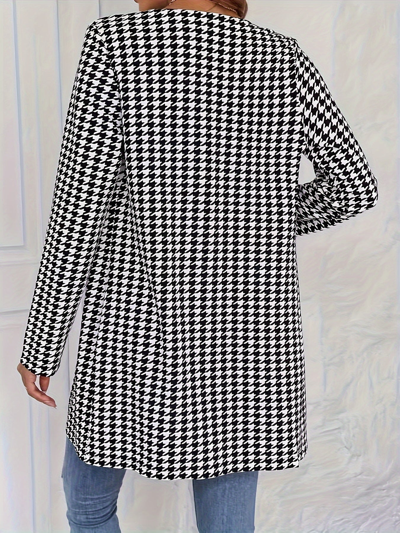 Houndstooth Print Long Sleeve Jacket, Casual Open Front Crew Neck Outerwear, Women's Clothing