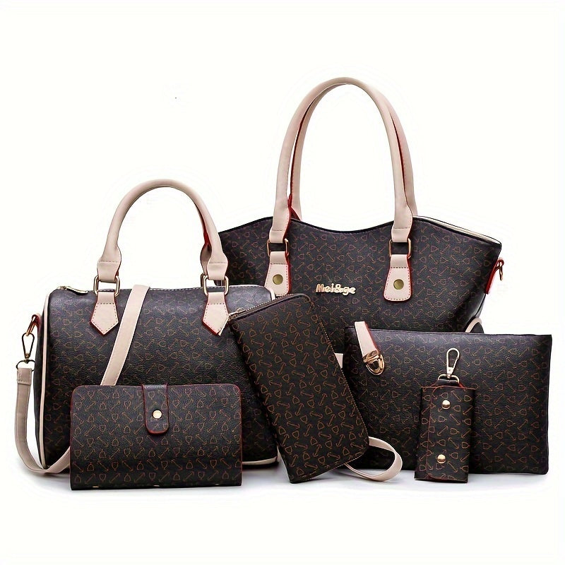 6pcs Geometric Pattern Tote Bag Set, Fashion Faux Leather Handbag & Crossbody Bag & Clutch Wallet & Wristlet & Key Case