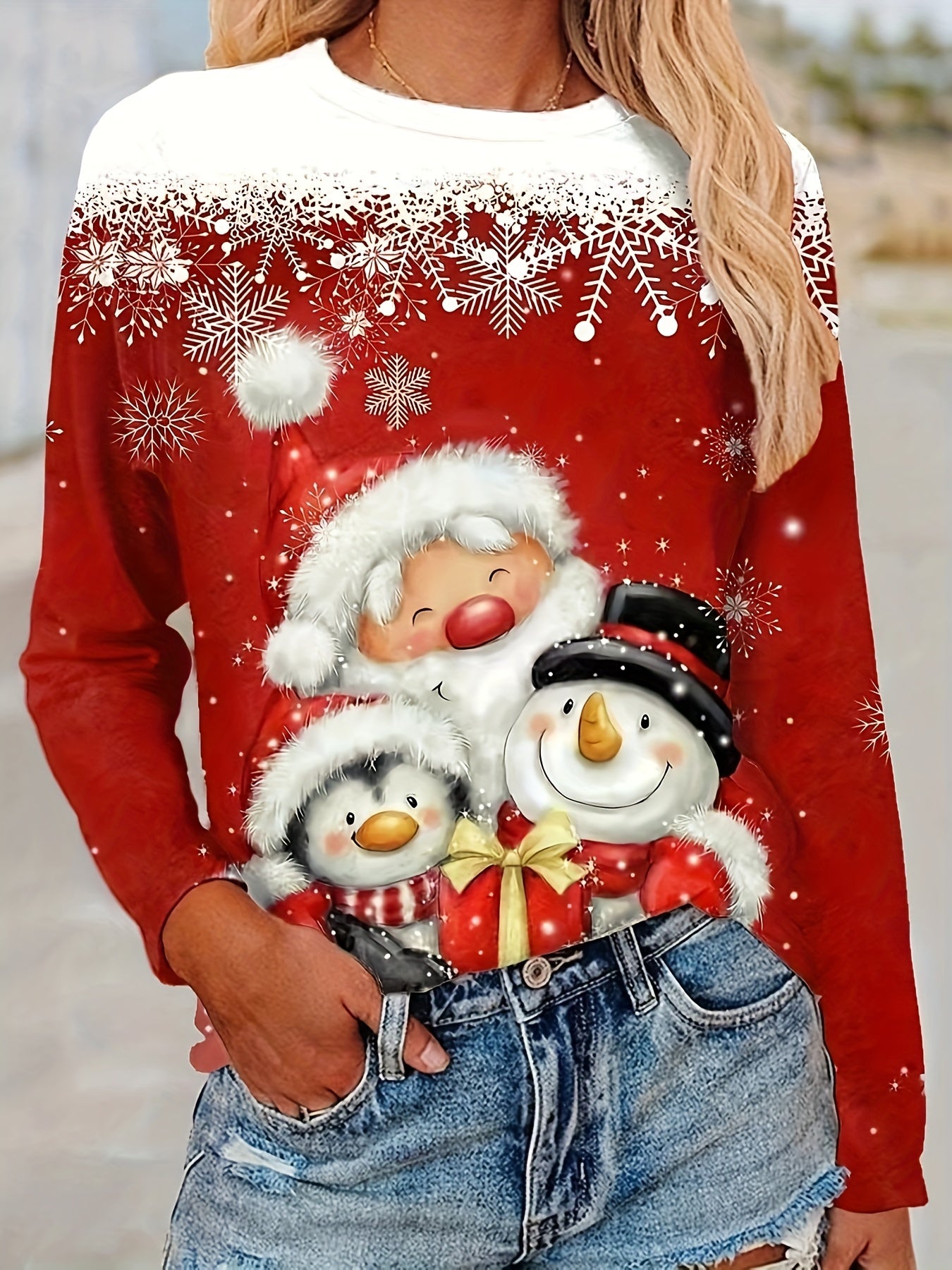 Christmas Cartoon Character Print Sweatshirt, Casual Long Sleeve Crew Neck Sweatshirt For Fall & Winter, Women's Clothing