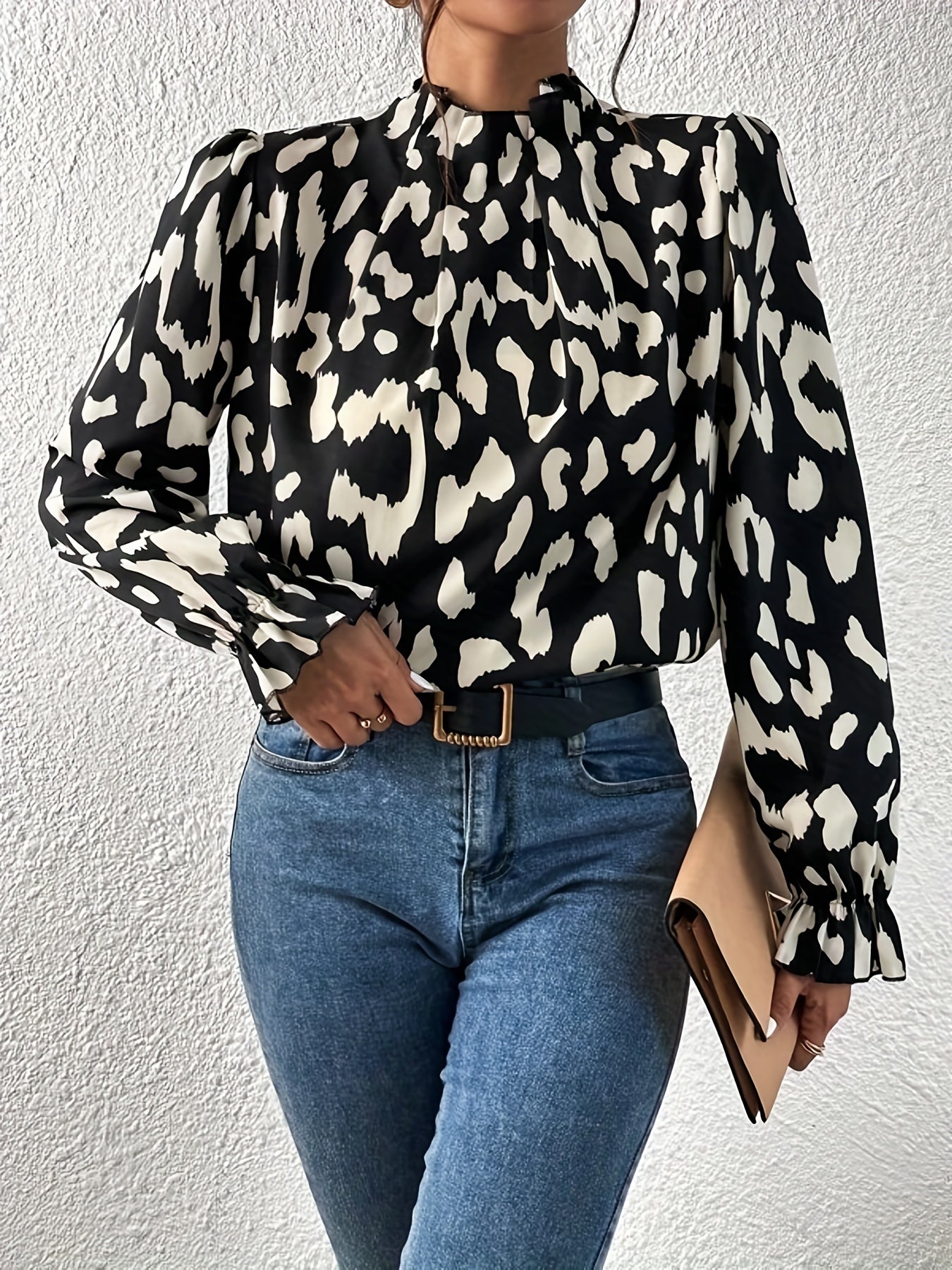 Leopard Print Keyhole Blouse, Casual High Neck Long Sleeve Blouse, Women's Clothing