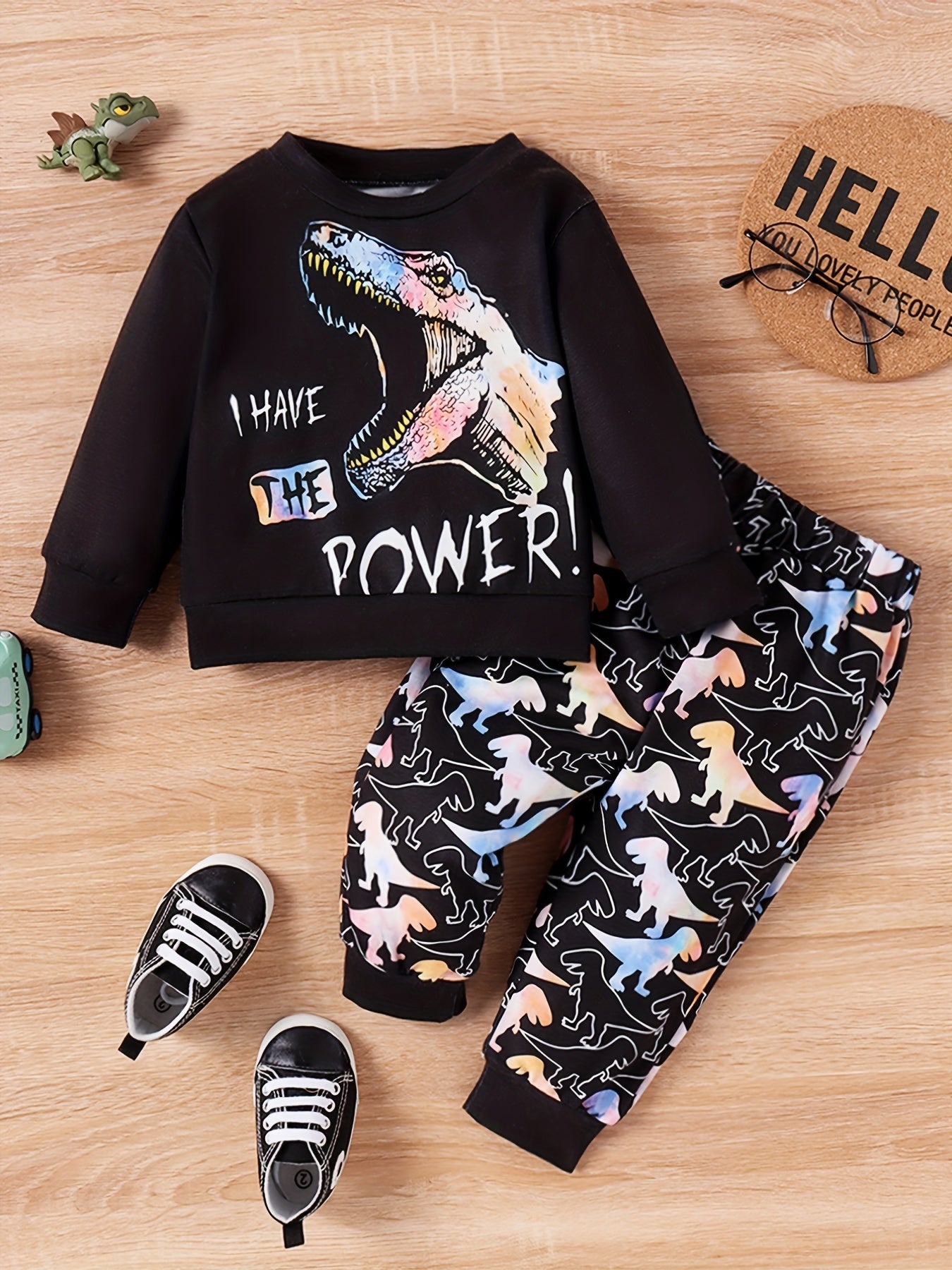 2pcs Boy's Dinosaur Pattern Outfit, Sweatshirt & Sweatpants Set, I HAVE THE POWER Print Casual Long Sleeve Top, Toddler Kid's Clothes For Spring Fall Winter
