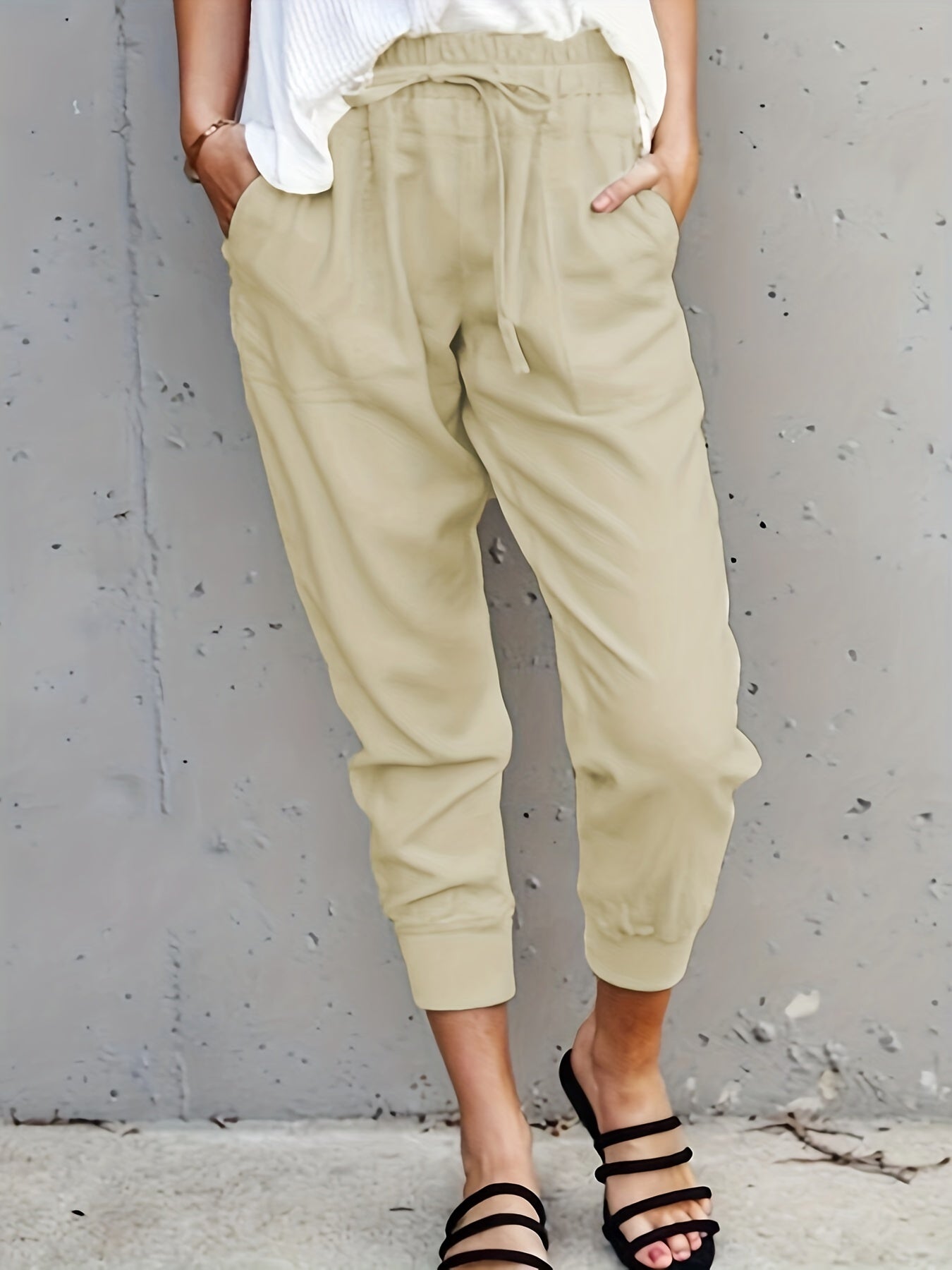 Minimalist Drawstring Waist Pants, Solid Casual Pants For Spring & Summer, Women's Clothing