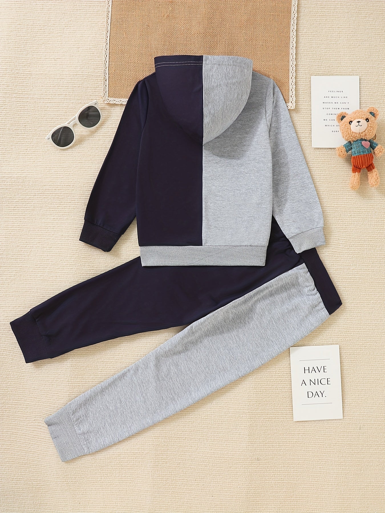 Boy's Color Clash 2pcs, Hoodie & Sweatpants Set, Funny Face Print Long Sleeve Top, Casual Outfits, Kids Clothes For Spring Fall
