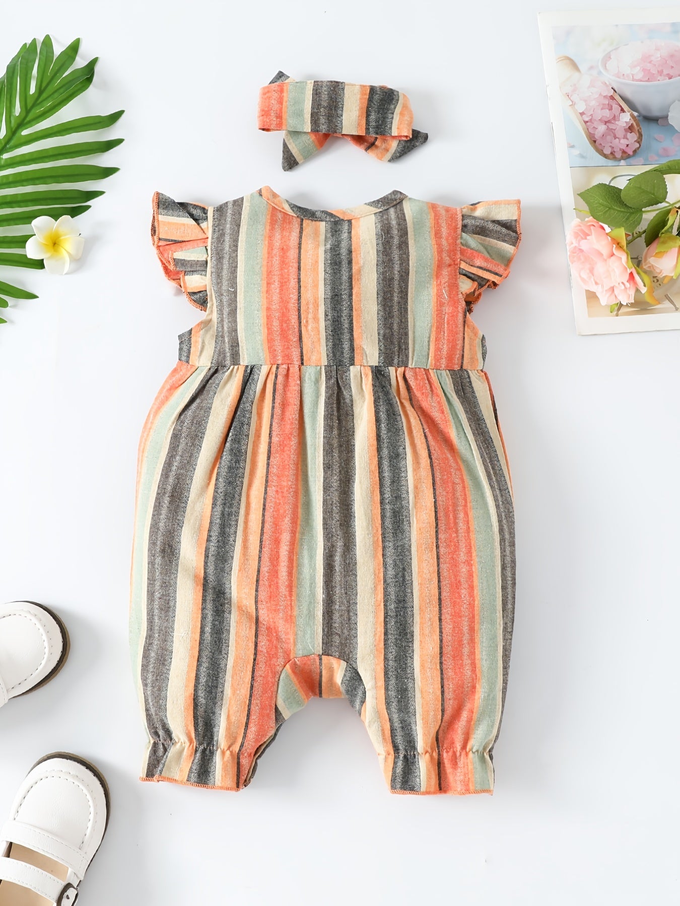 Baby Girls Cute Casual Striped Ruffled Romper With Bow Decoration & Bow Headband Set For Summer