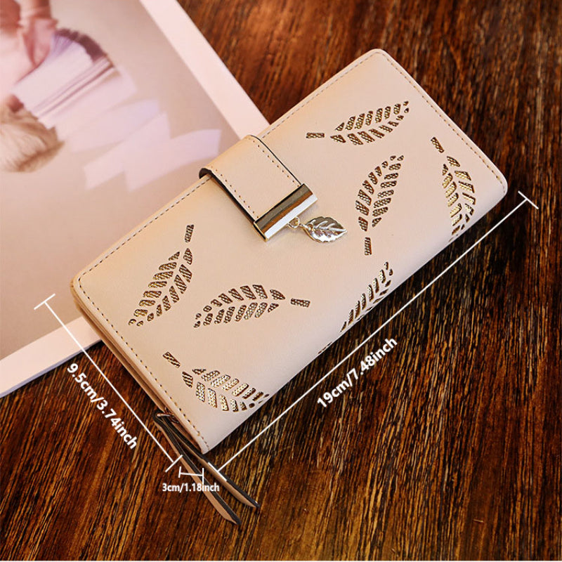 Stylish Hollow Leaves Pattern Long Wallet, Clutch Coin Purse, Large Credit Card Holder