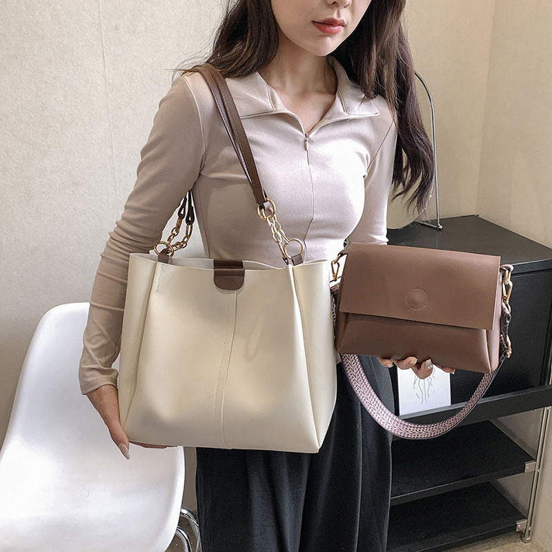 2pcs Trendy Solid Color Tote Bag Set, Fashion Chain Shoulder Bag With Wide Strap Crossbody Bag