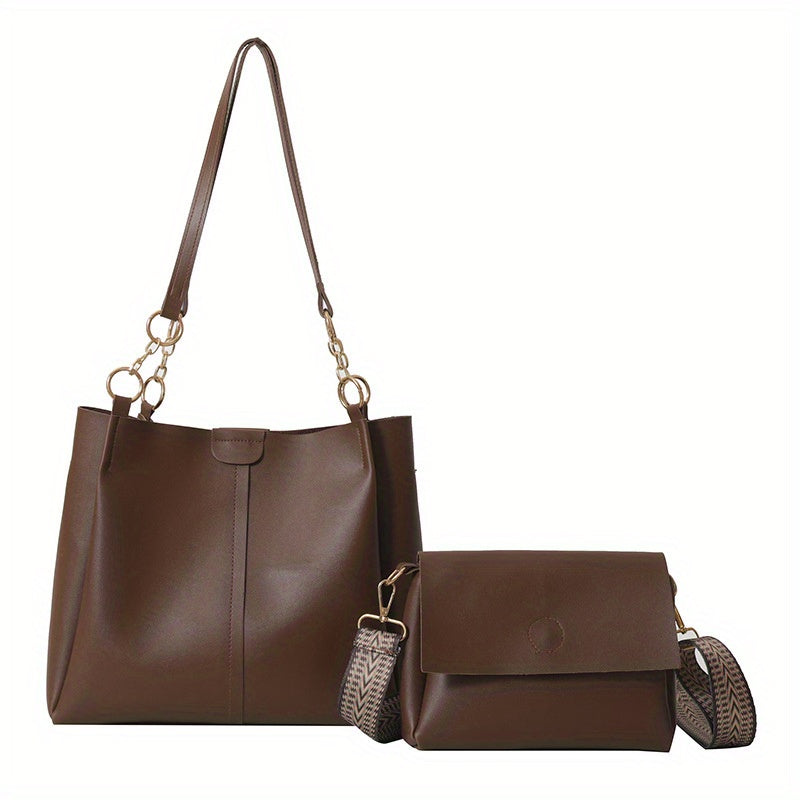 2pcs Trendy Solid Color Tote Bag Set, Fashion Chain Shoulder Bag With Wide Strap Crossbody Bag