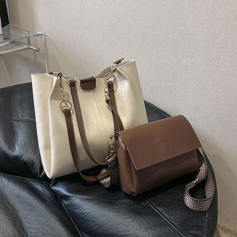 2pcs Trendy Solid Color Tote Bag Set, Fashion Chain Shoulder Bag With Wide Strap Crossbody Bag