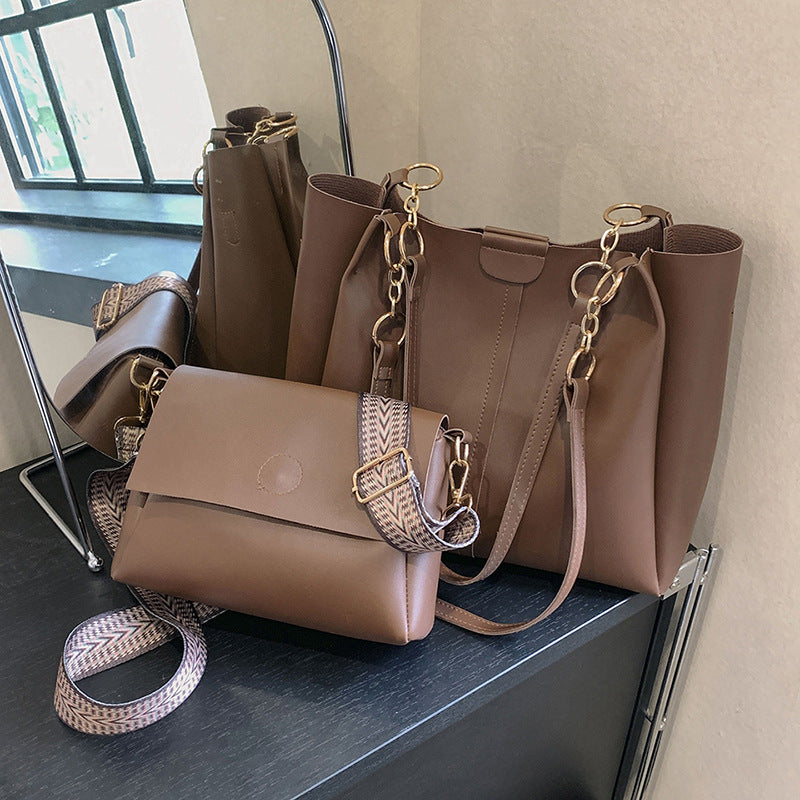 2pcs Trendy Solid Color Tote Bag Set, Fashion Chain Shoulder Bag With Wide Strap Crossbody Bag