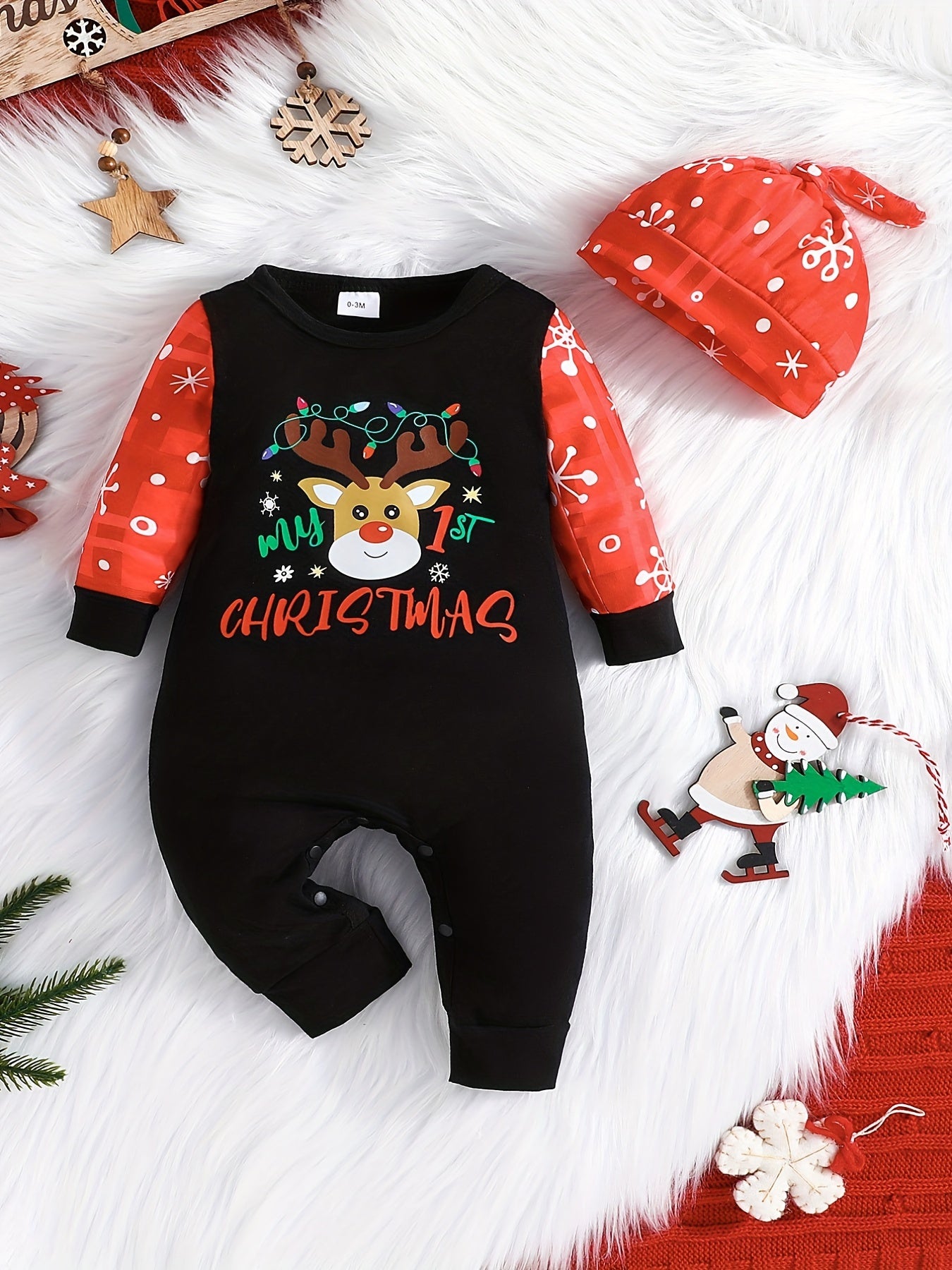 Christmas Cute Reindeer Letters Graphic Toddler Baby's Cute Jumpsuit With Hat, Kid's Pary Casual Clothes