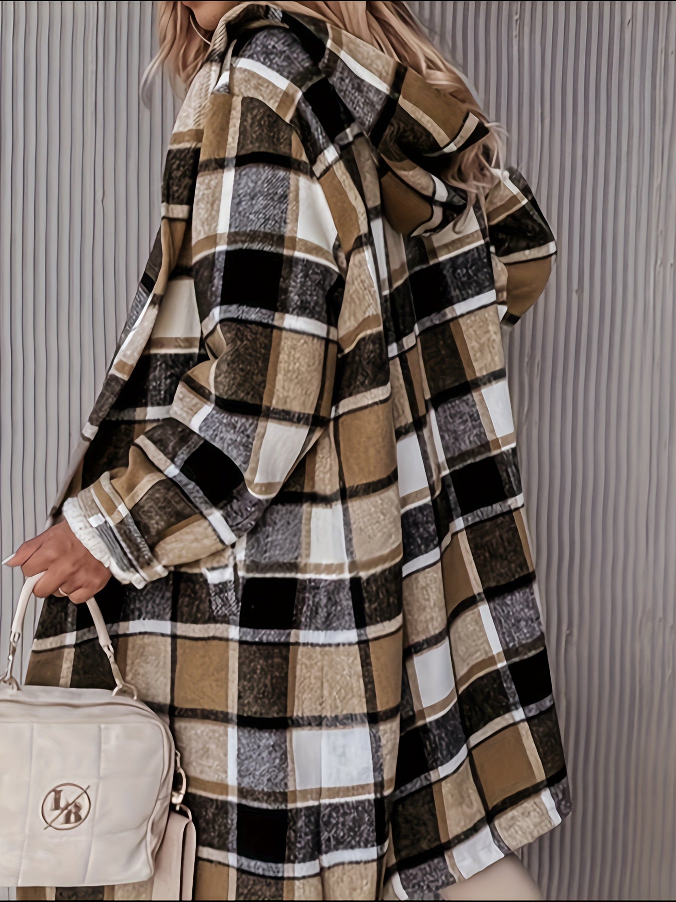 Plus Size Preppy Coat, Women's Plus Plaid Print Long Sleeve Open Front Hooded Longline Coat