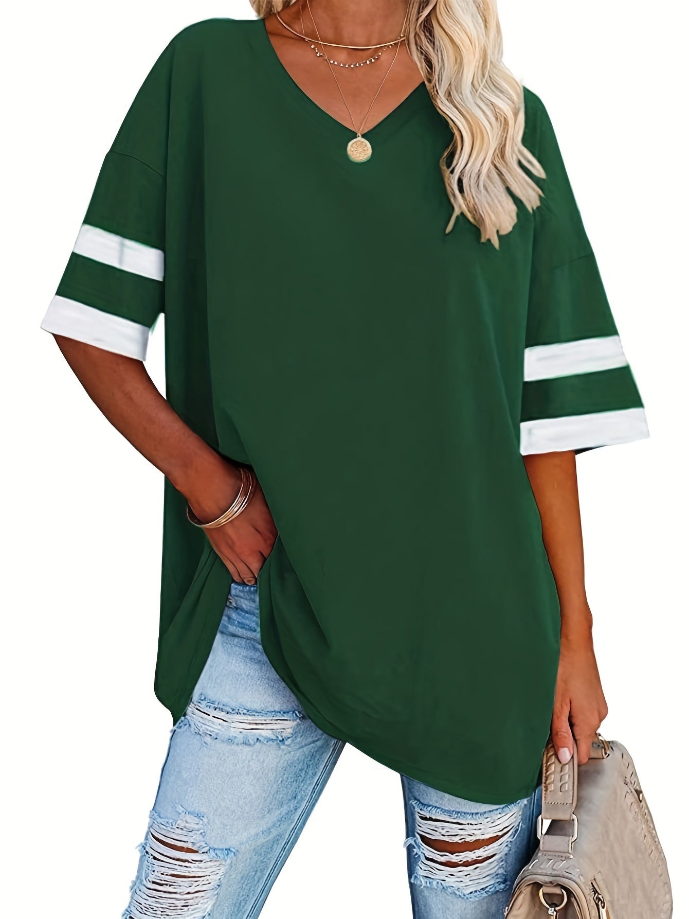 Plus Size Casual T-shirt, Women's Plus Colorblock Drop Shoulder Short Sleeve V Neck Slight Stretch Oversized T-shirt