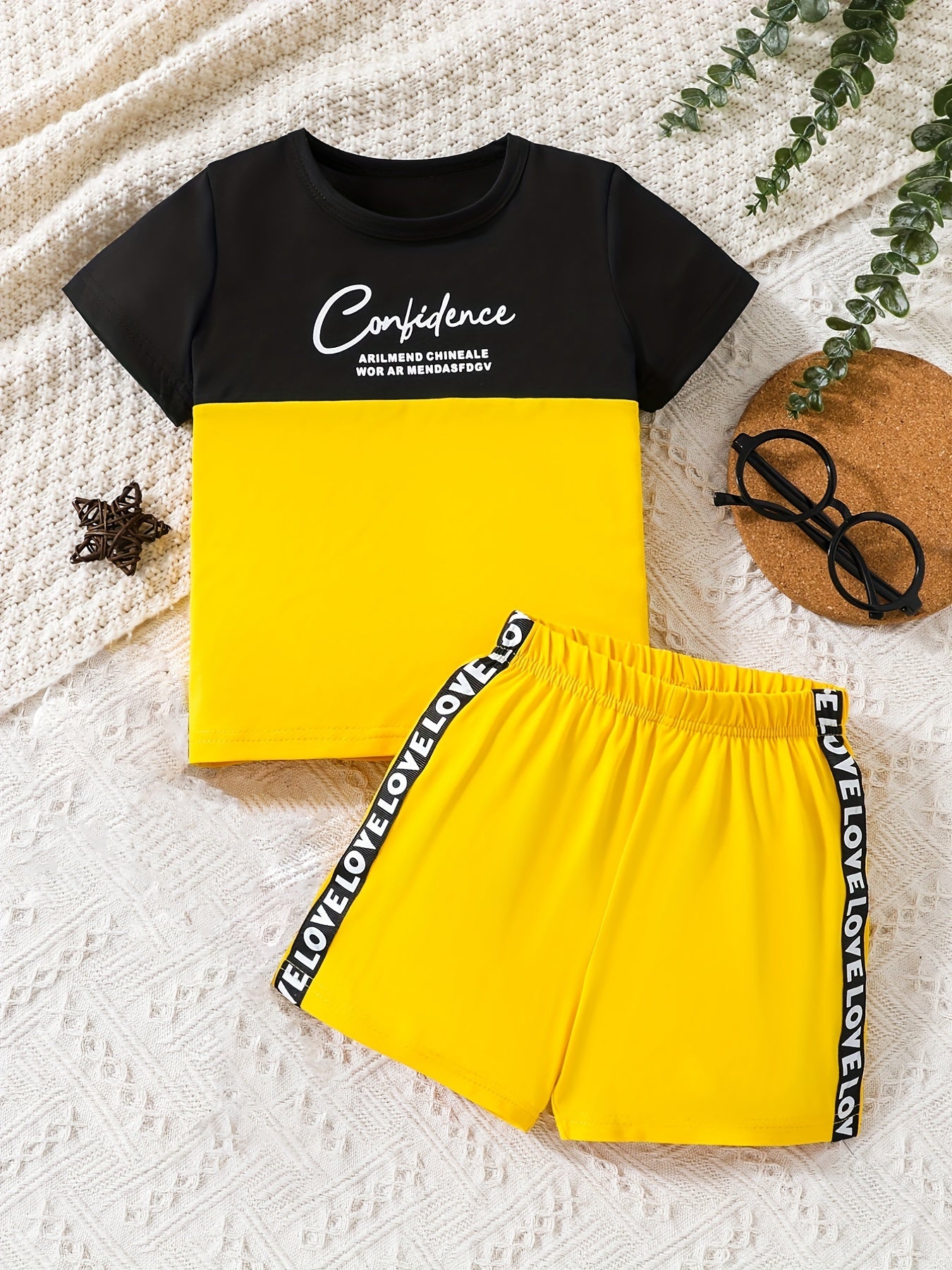 Boys Color Block Letter Outfit Shorts & T-shirt Short Sleeves Crew Neck Casual Summer Kids Clothes