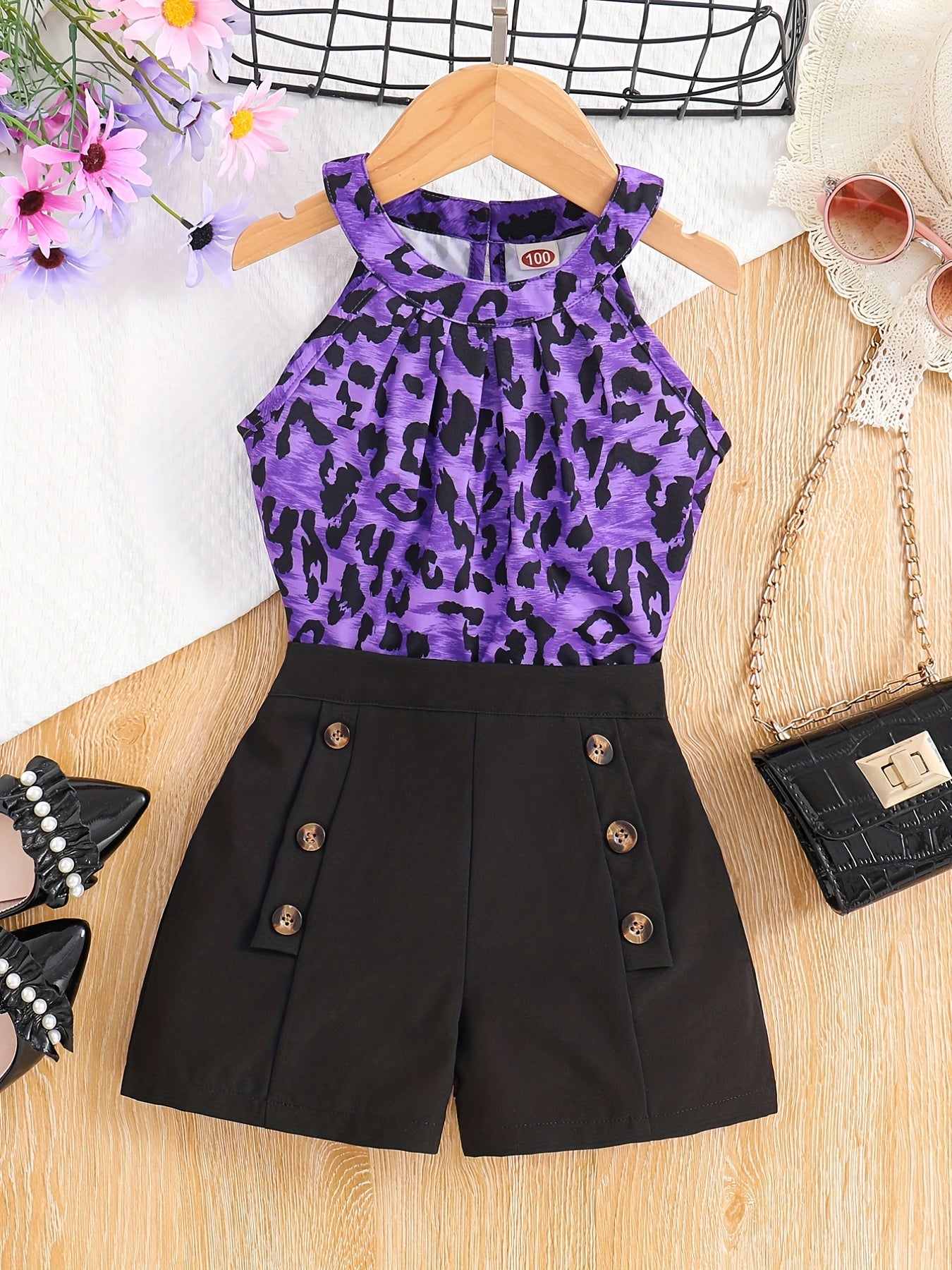 Girls Cold Shoulder Leopard Halter Top & Fake Button Shorts Set Kids Summer Clothes