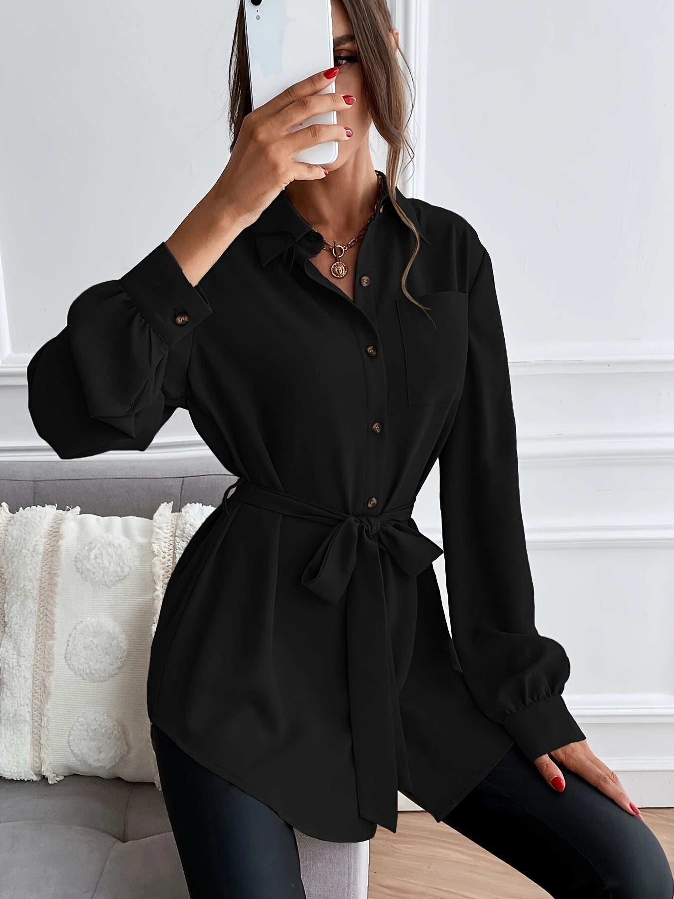 Button Front Basic Shirt, Casual Solid Long Sleeve Shirt, Women's Clothing