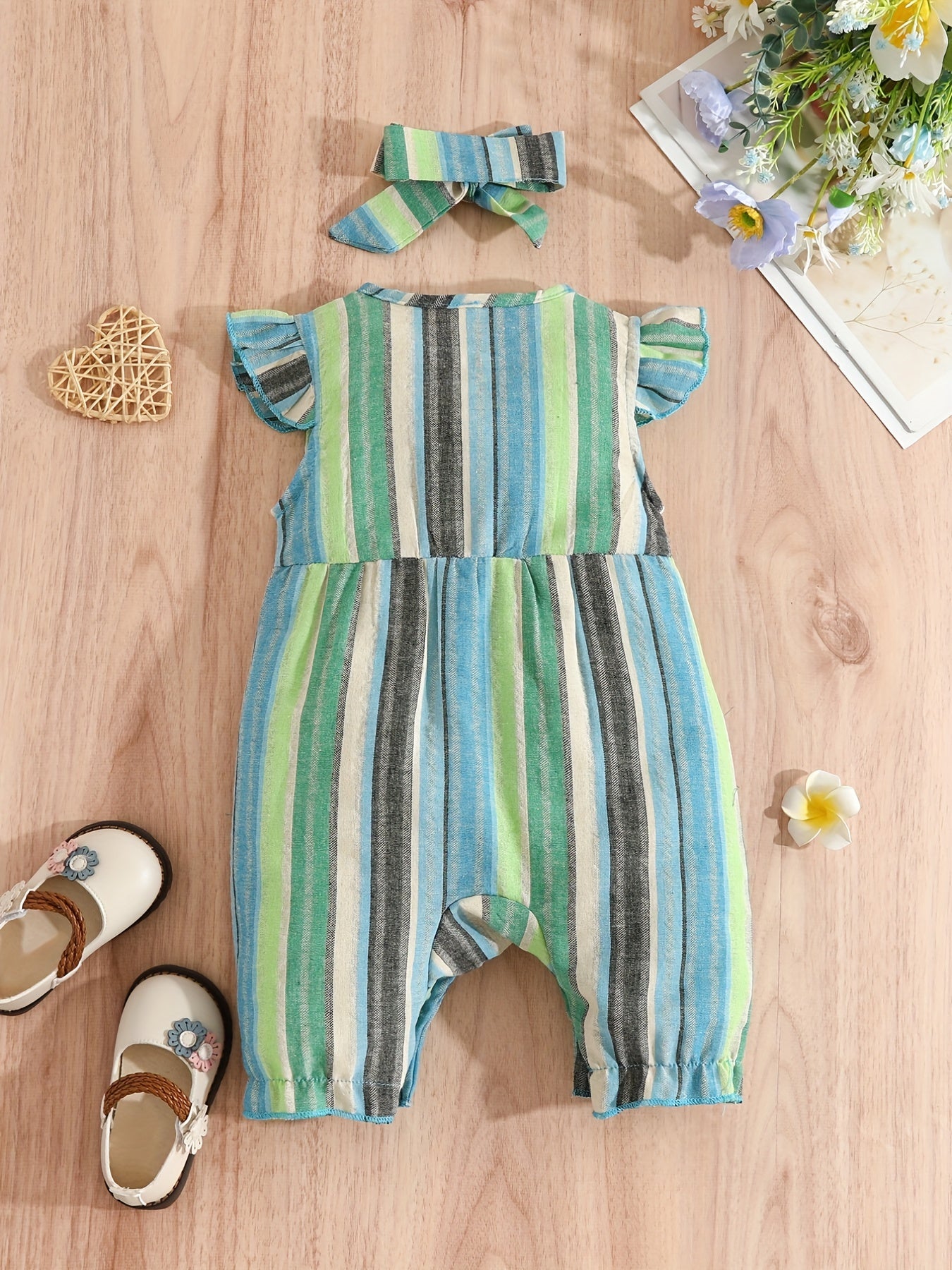 Baby Girls Cute Casual Striped Ruffled Romper With Bow Decoration & Bow Headband Set For Summer