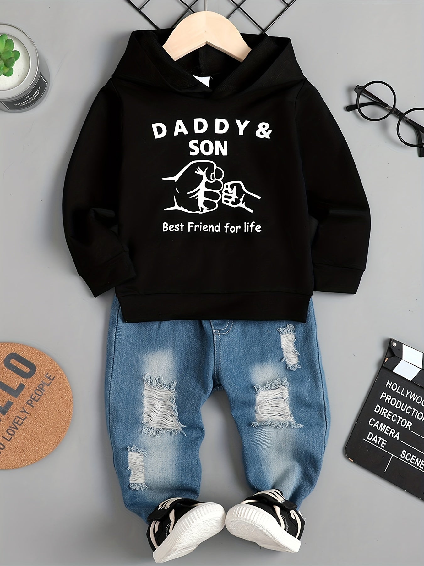 DAD+SON Fist Graphic Print Boys Casual Creative Long Sleeve Hooded Sweatshirt&Denim Pants Sets, Kids Clothes