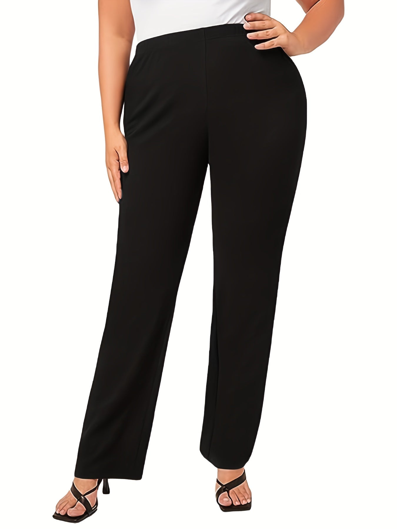 Plus Size Basic Pants, Women's Plus Solid High Rise Medium Stretch Workwear Trousers