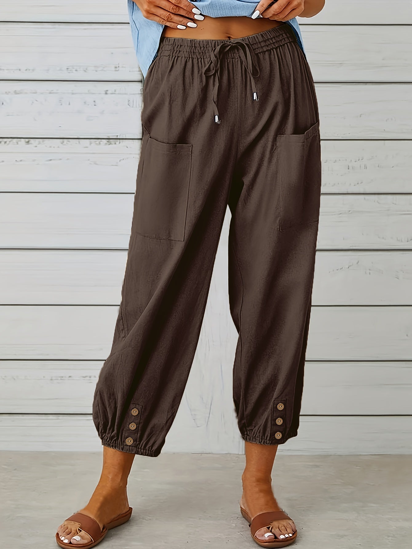 Plus Size Casual Pants, Women's Plus Solid Bow Knot Elastic Button Decor Pants With Pockets