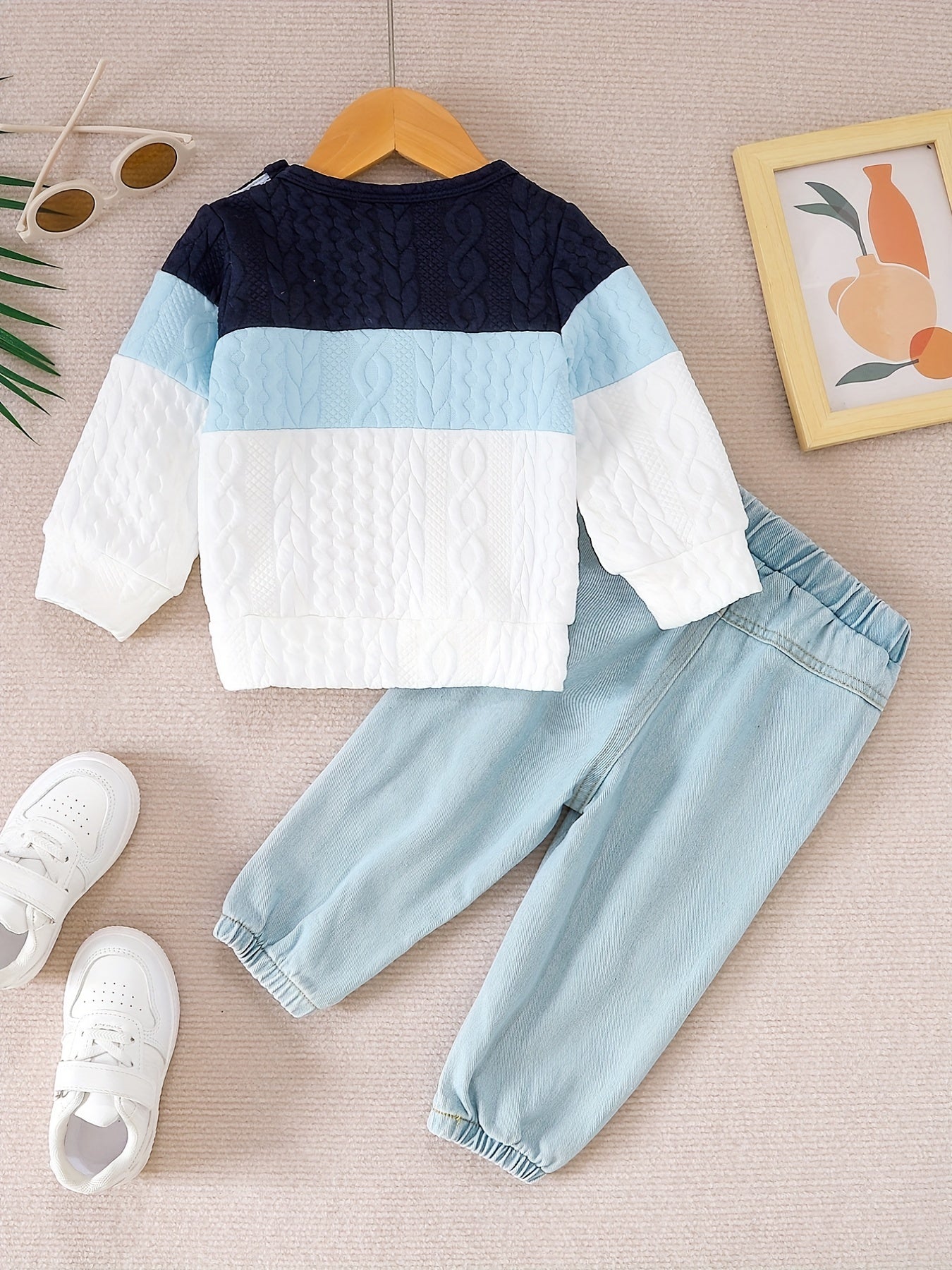 Toddler Baby Boys Stylish Outfit - Long Sleeve Stitching Pullover + Ripped Jeans Set
