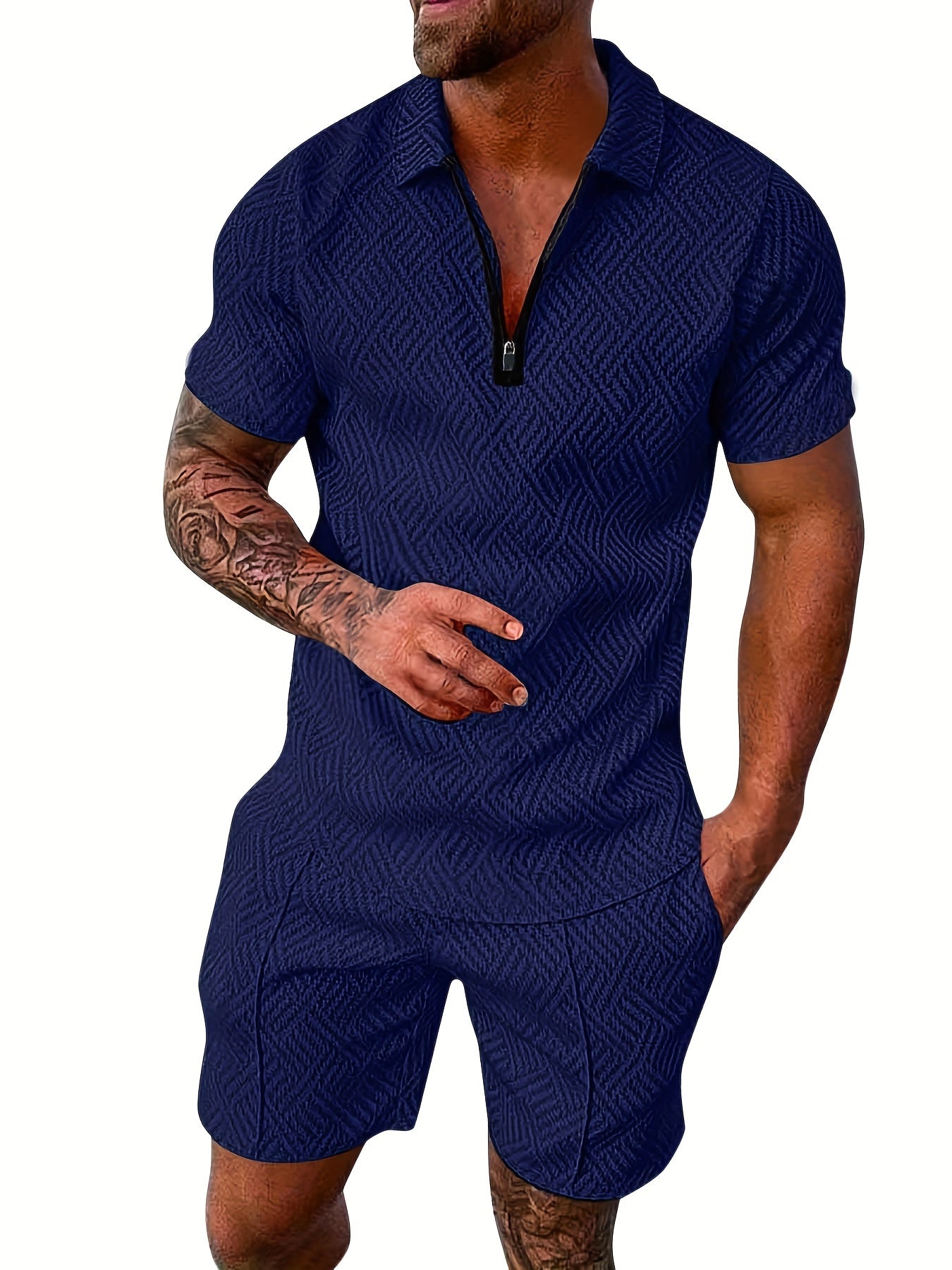 Men's Polyester Thin V-neck Zipper Sweatsuits With V-neck Zipper T-shirt & Shorts Christmas Gifts Best Sellers