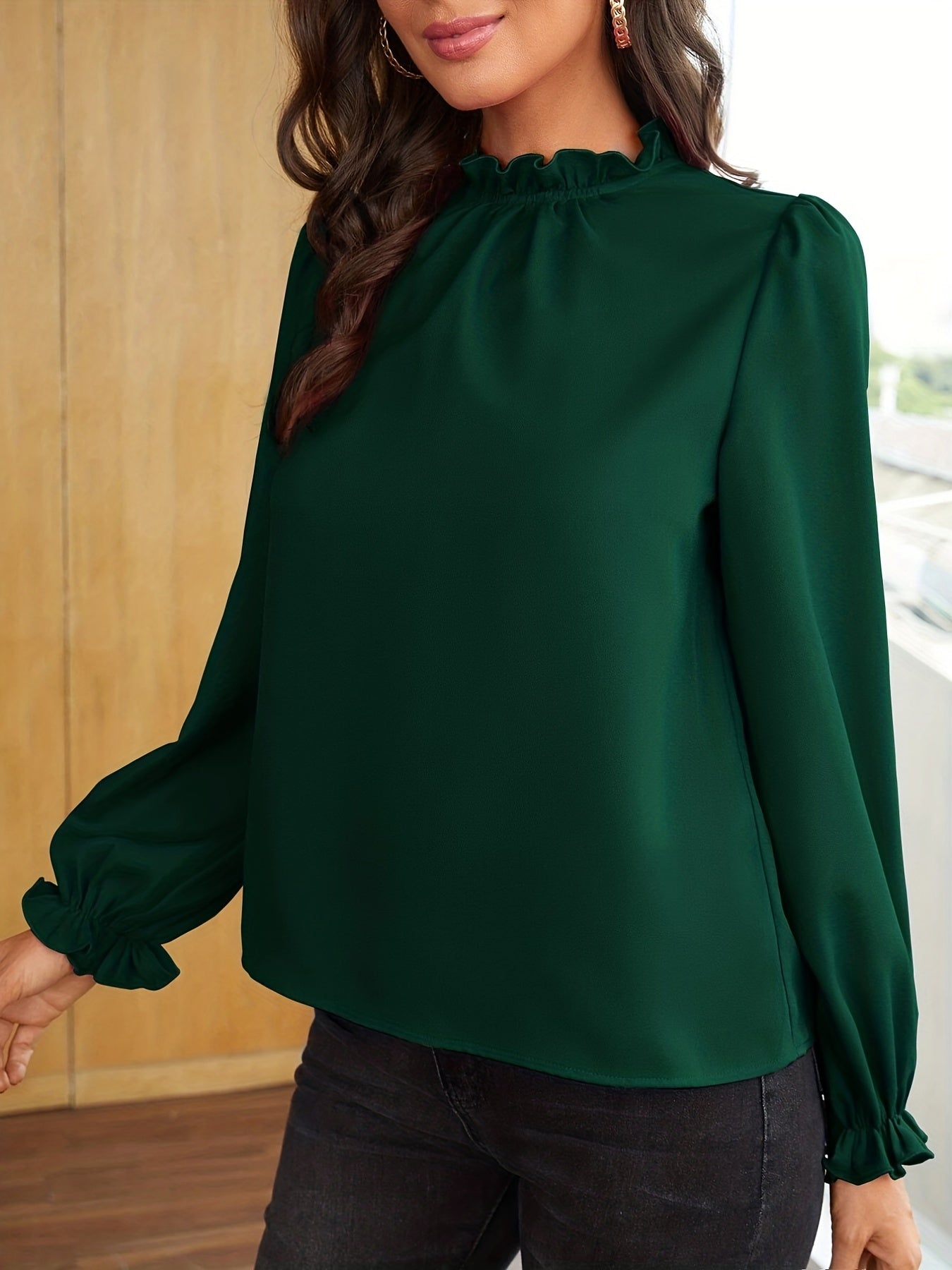 Solid Keyhole Blouse, Casual Lettuce Trim Long Sleeve Simple Blouse, Women's Clothing